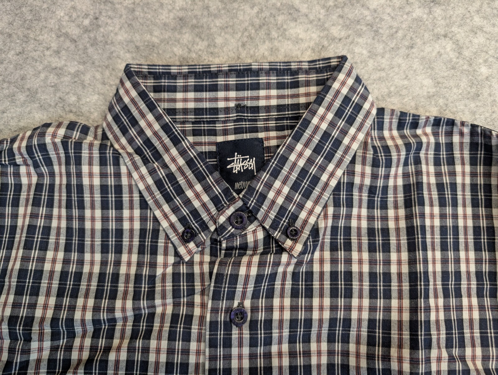 Stussy Shirt Mens Medium Navy Plaid Long Sleeve Button Down Read
