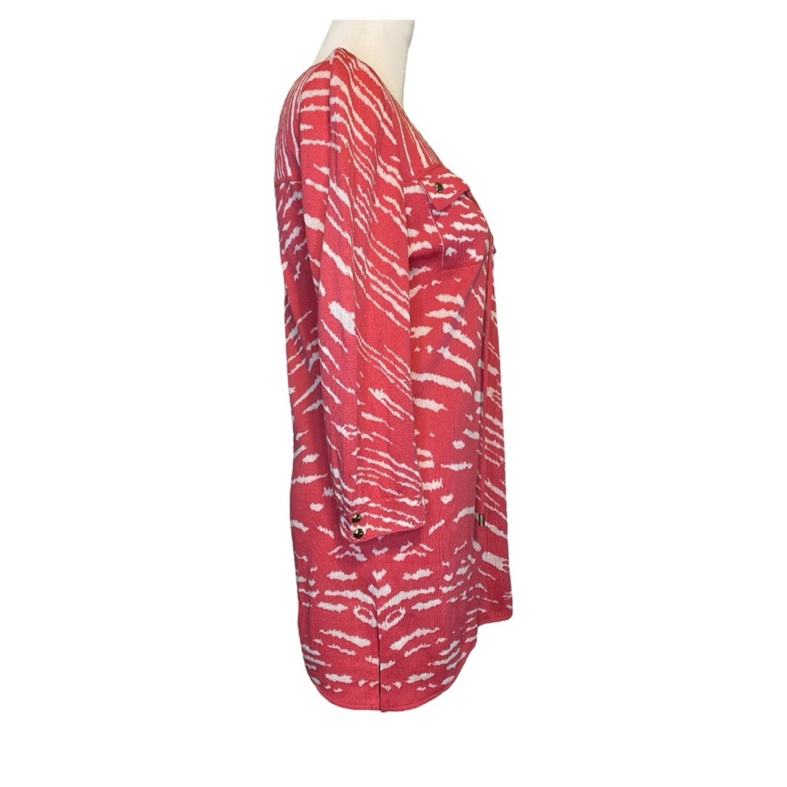 Ming Wang Pink & White Tiger Print Tunic Size XS Lace-up Neckline Resort Mature