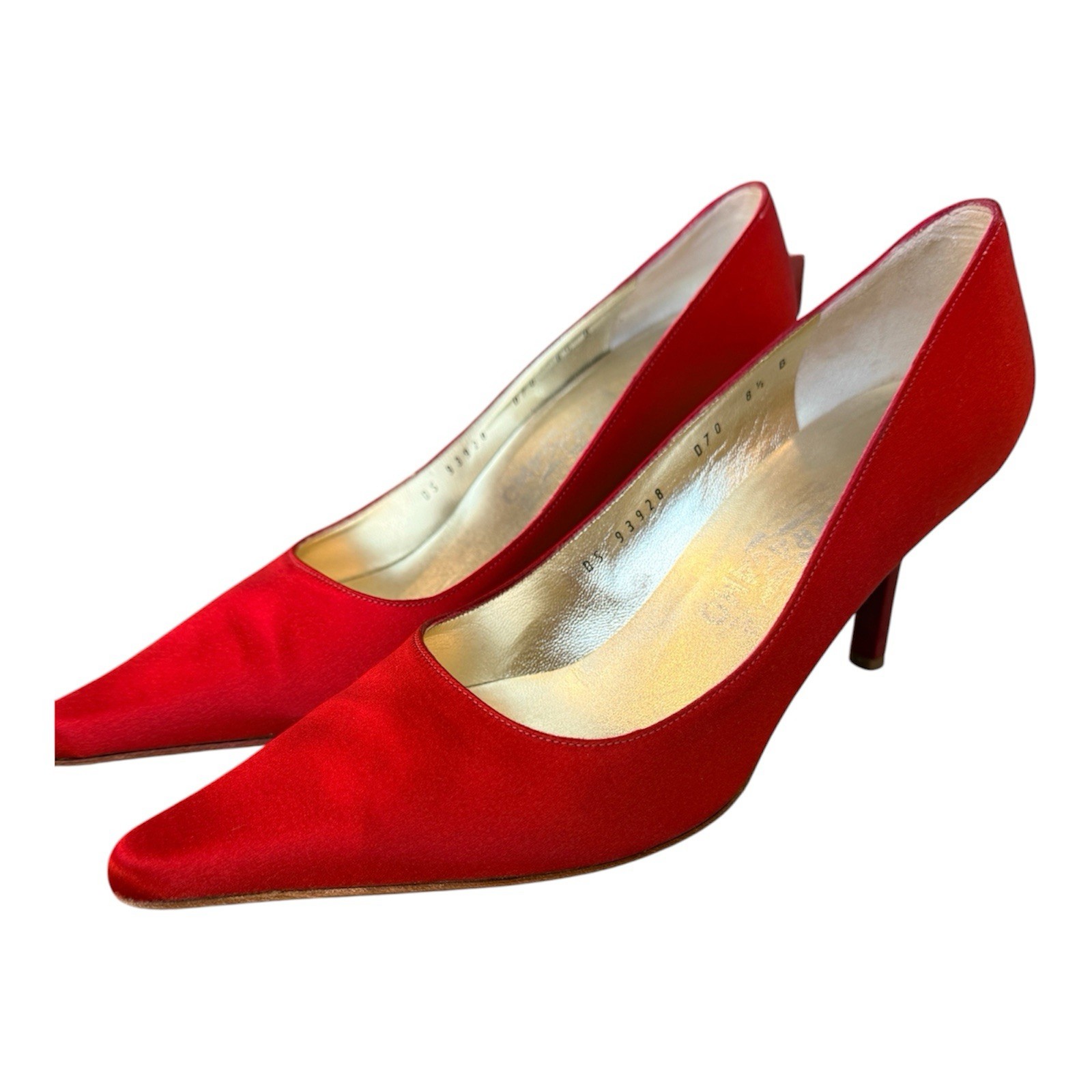 Vintage 1960s Salvatore Ferragamo Red Satin Pumps Heels 8.5 Made in Italy RARE