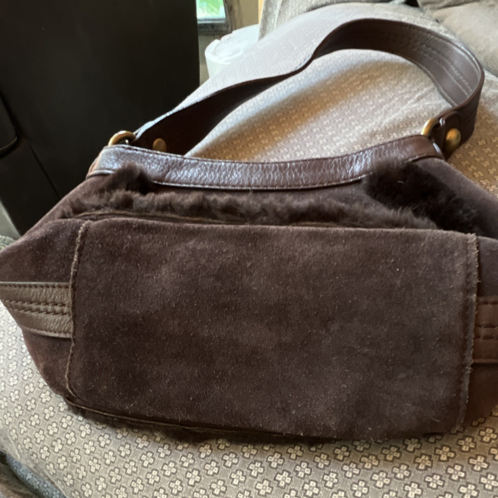 UGG Australia Brown Shoulder Bag Fur Trim Logo Plaque. With small imperfection