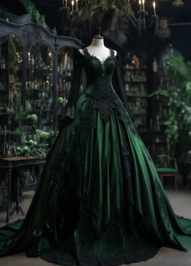 Gothic Emerald Green Ball Gown Corset Train Dress Halloween Wedding Formal Party