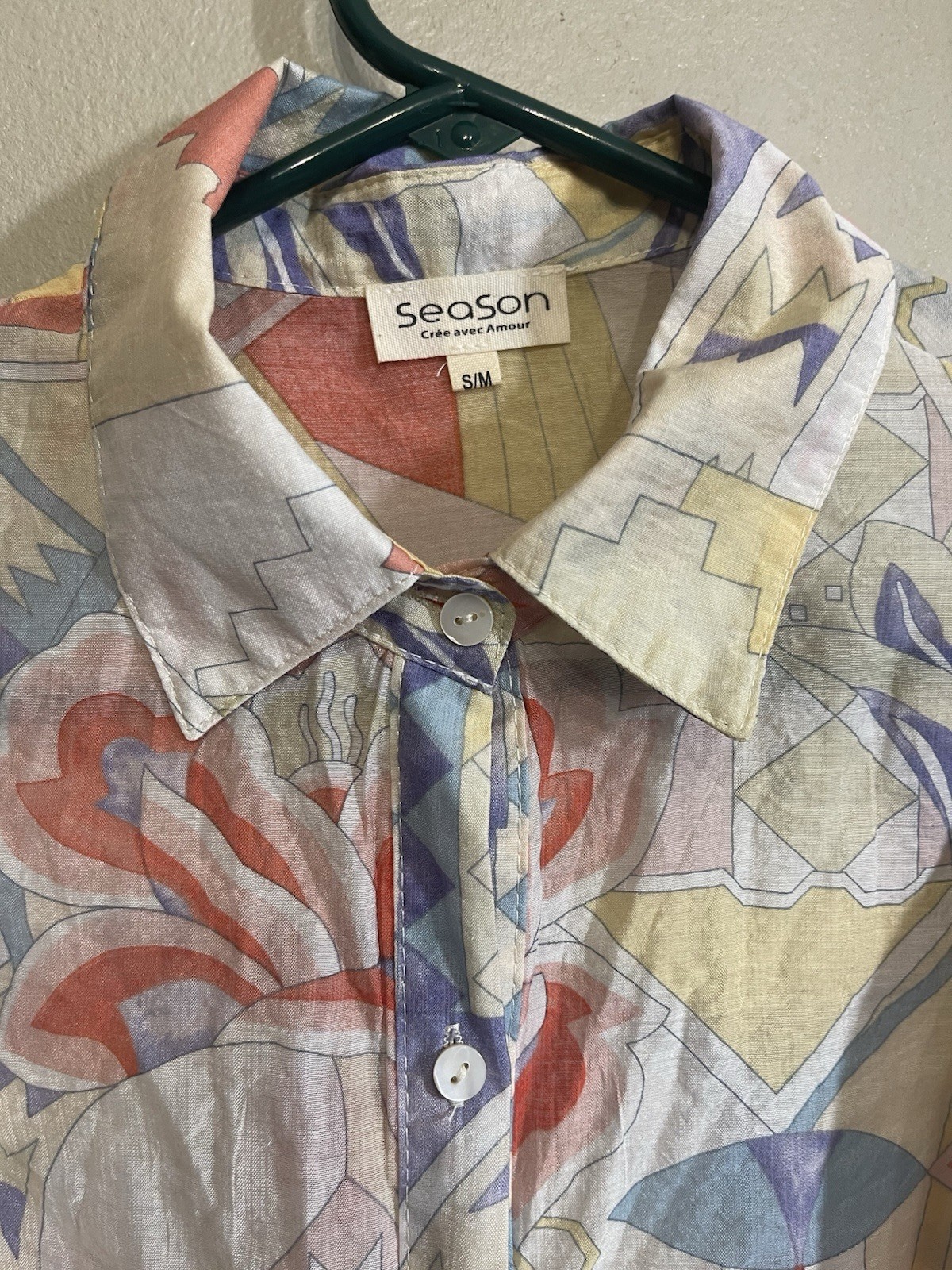 Season Women Med Blouse Lightweigt Semi Sheer Absract Colorful Flowy Button
