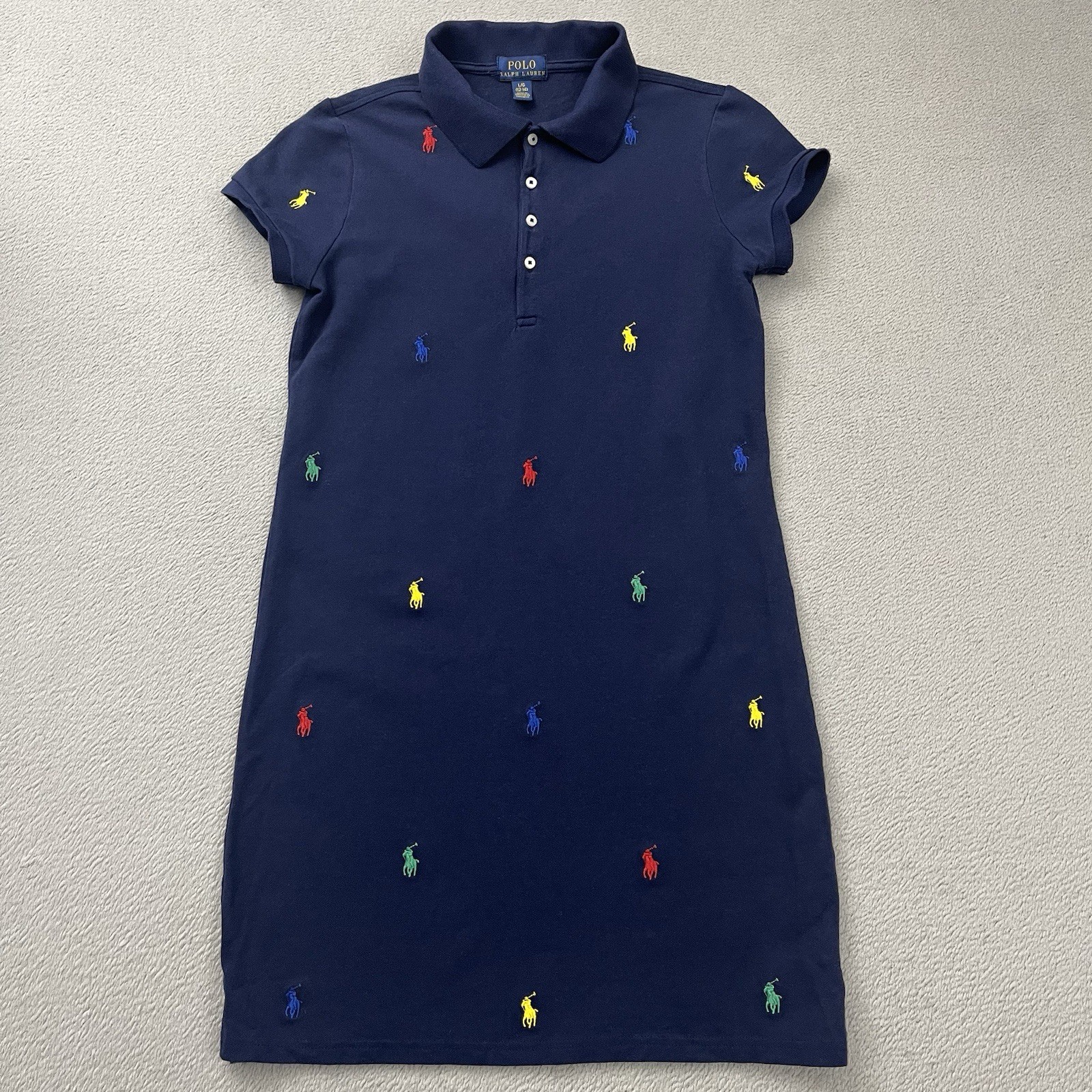 Polo Ralph Lauren Girls Dress L 12-14 Embroidered Pony Multicolor Polo Navy Blue