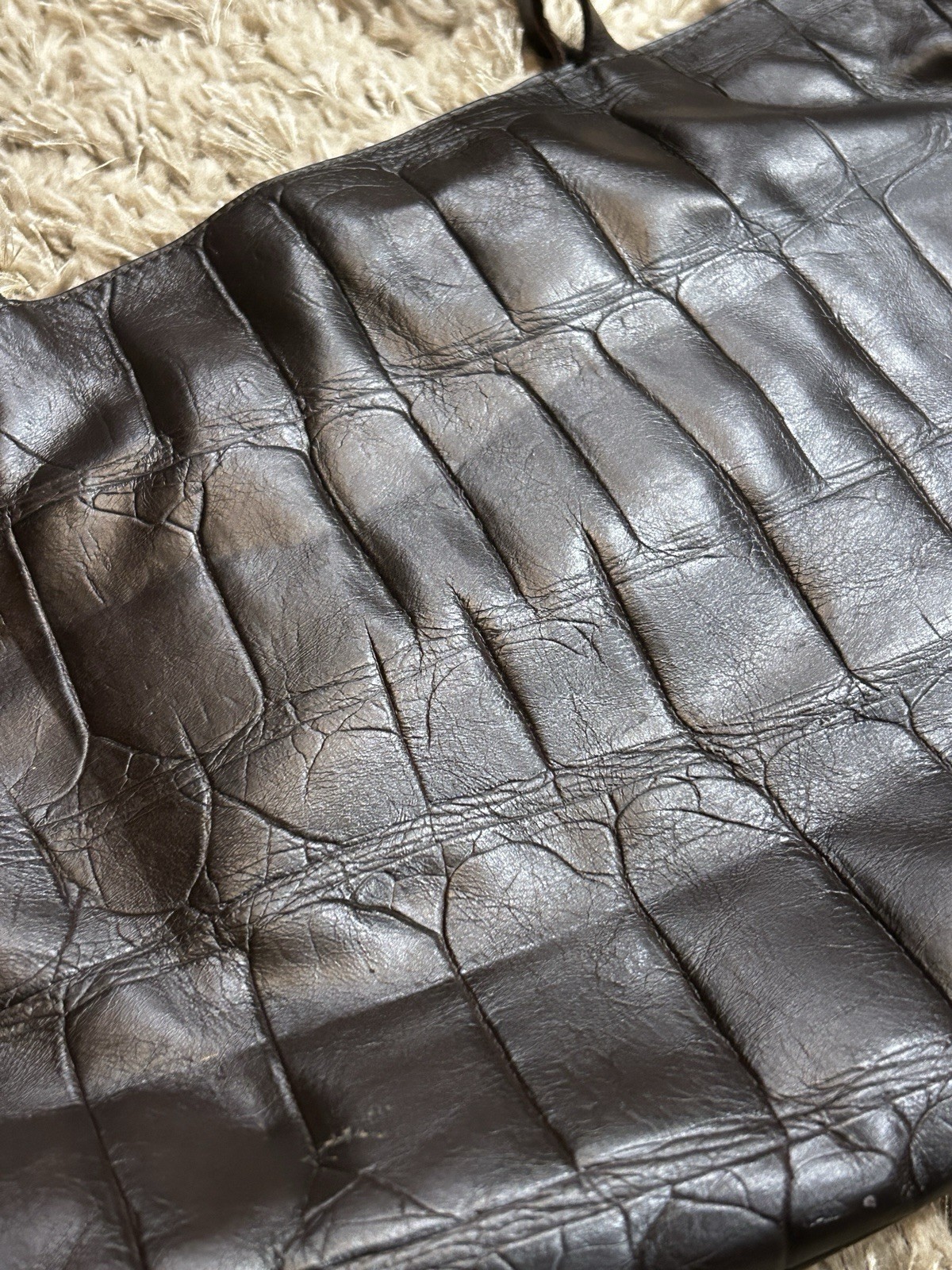 FALOR Le Borse Italy Brown Croc Embossed Leather Shoulder Bag Woven Straps