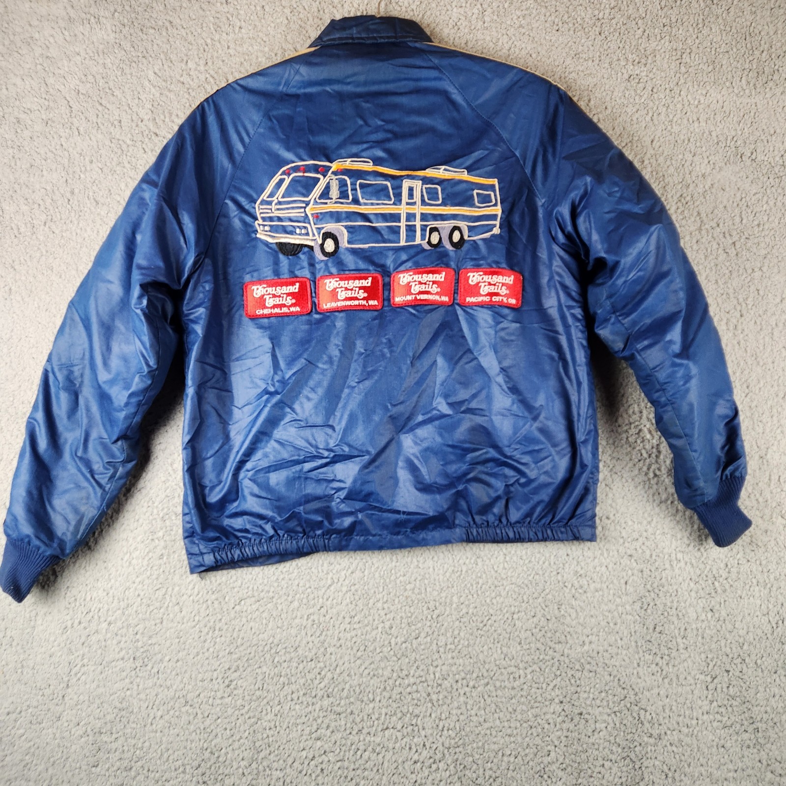 Vtg 70s 80s Blue Nylon Bomber Jacket M Thousand Trails Yogi Bear Patches RV