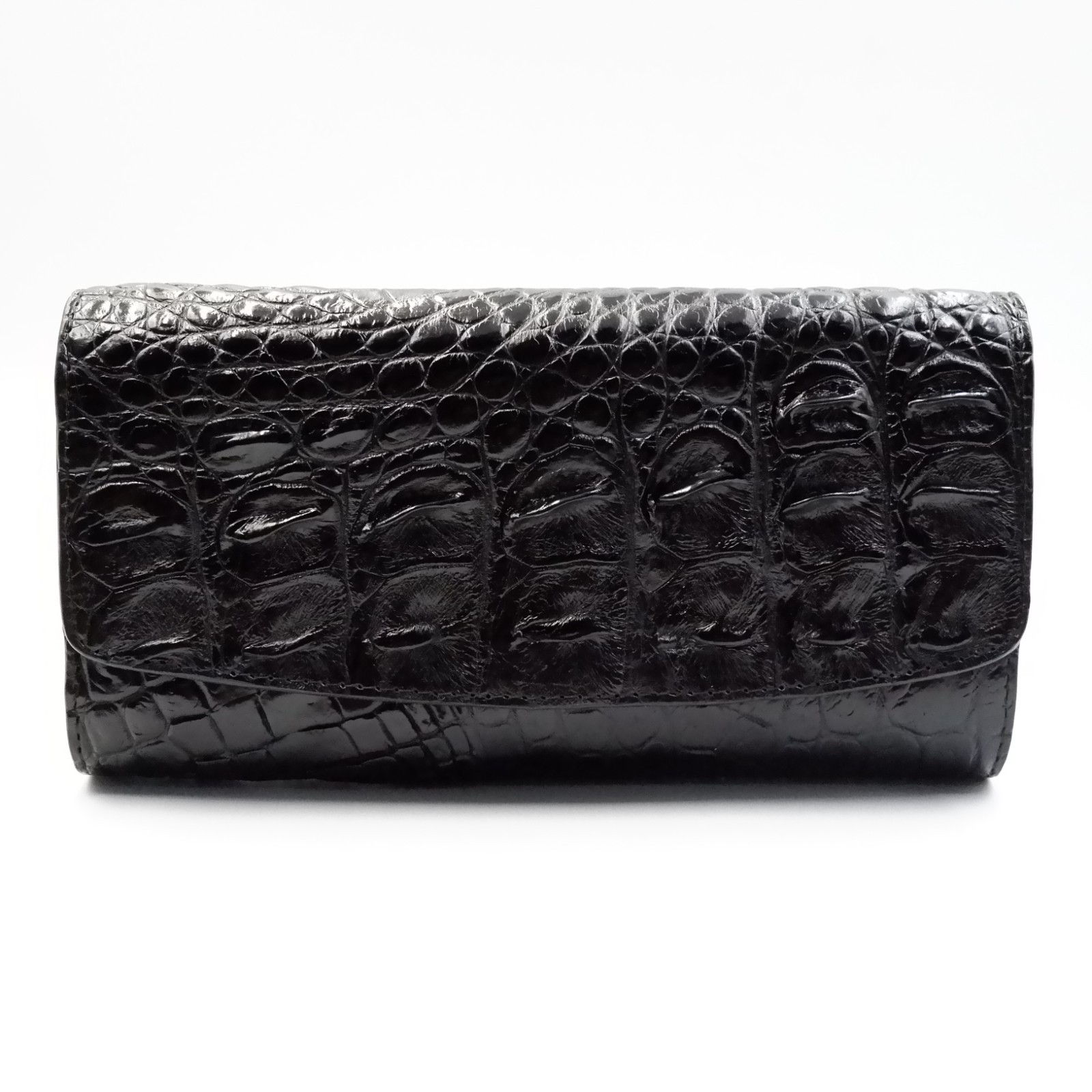 New Black Genuine Croc Leather BackBone Skin Women Tri-fold Clutch Wallet Purse.