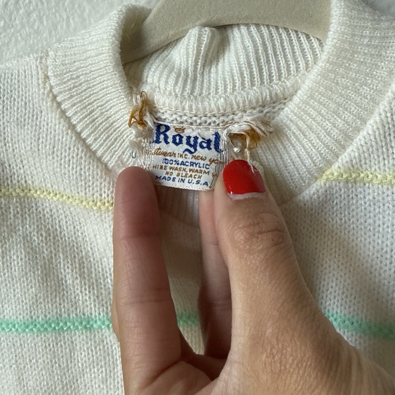 Royal Vintage Knit Cardigan Sweater Acrylic White Green Yellow Stripe 6-9m
