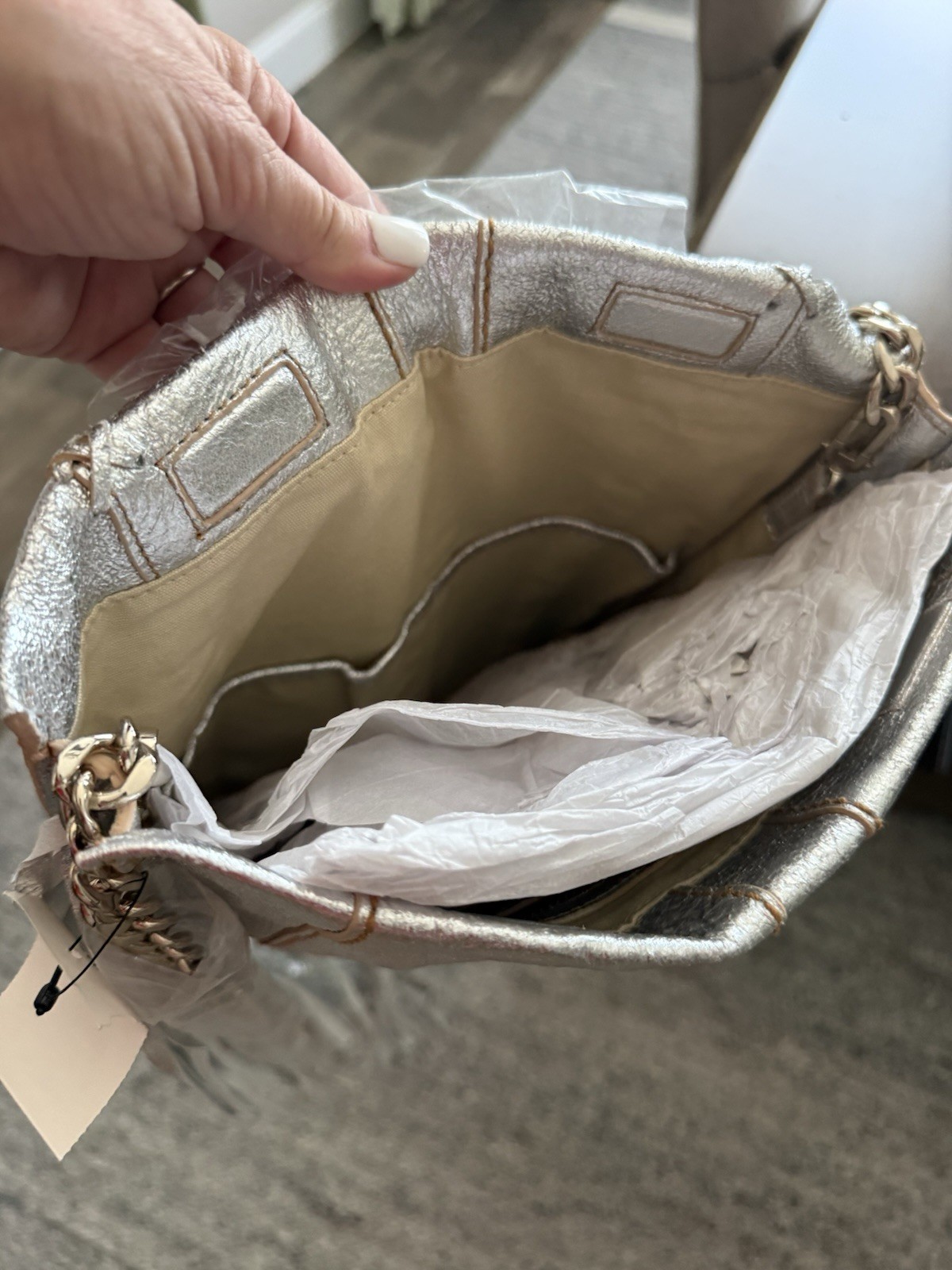 $475 RAMY BROOK Leather Silver Lame’ Large Sachel Messenger Bag Fringe Purse
