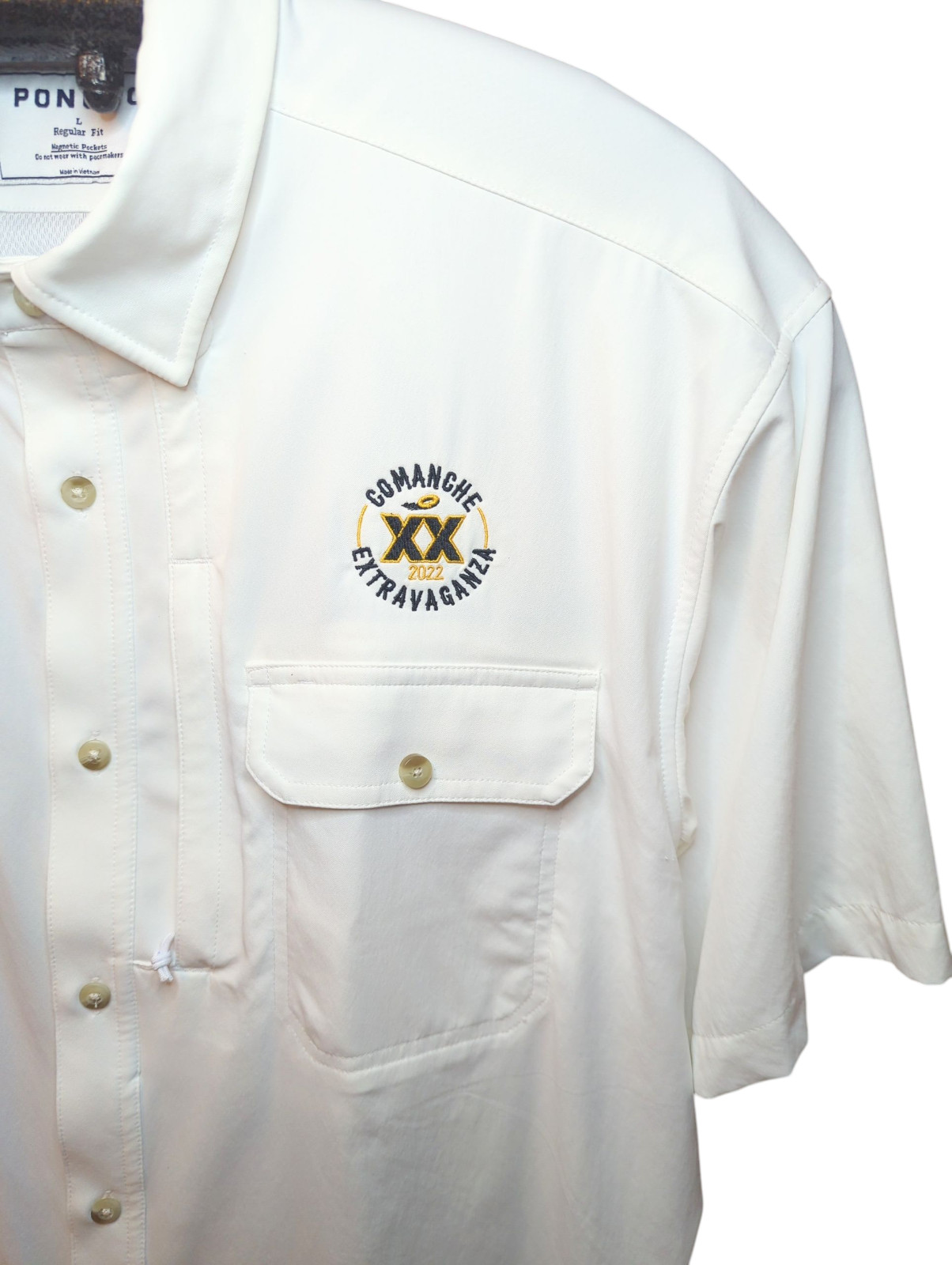 PONCHO Outdoors Vented Button Up Shirt Magnetic Mens LARGE White Comanche Logo