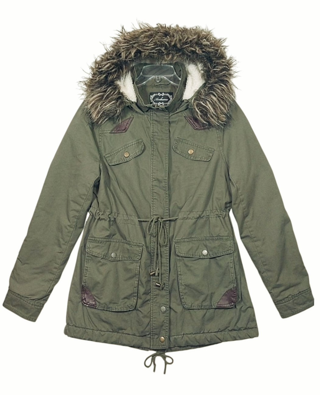 Ambiance Outerwear Coat Hooded Fur Trim Fleece Lined Pockets Green Womens L
