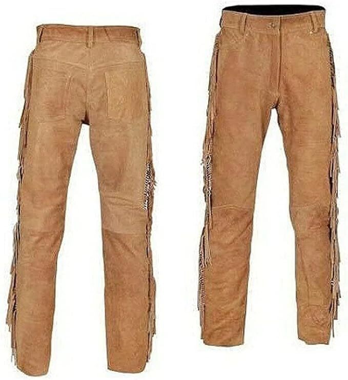 Men Native American Western Buckskin Ragged Leather Suede Pants Mountain Man