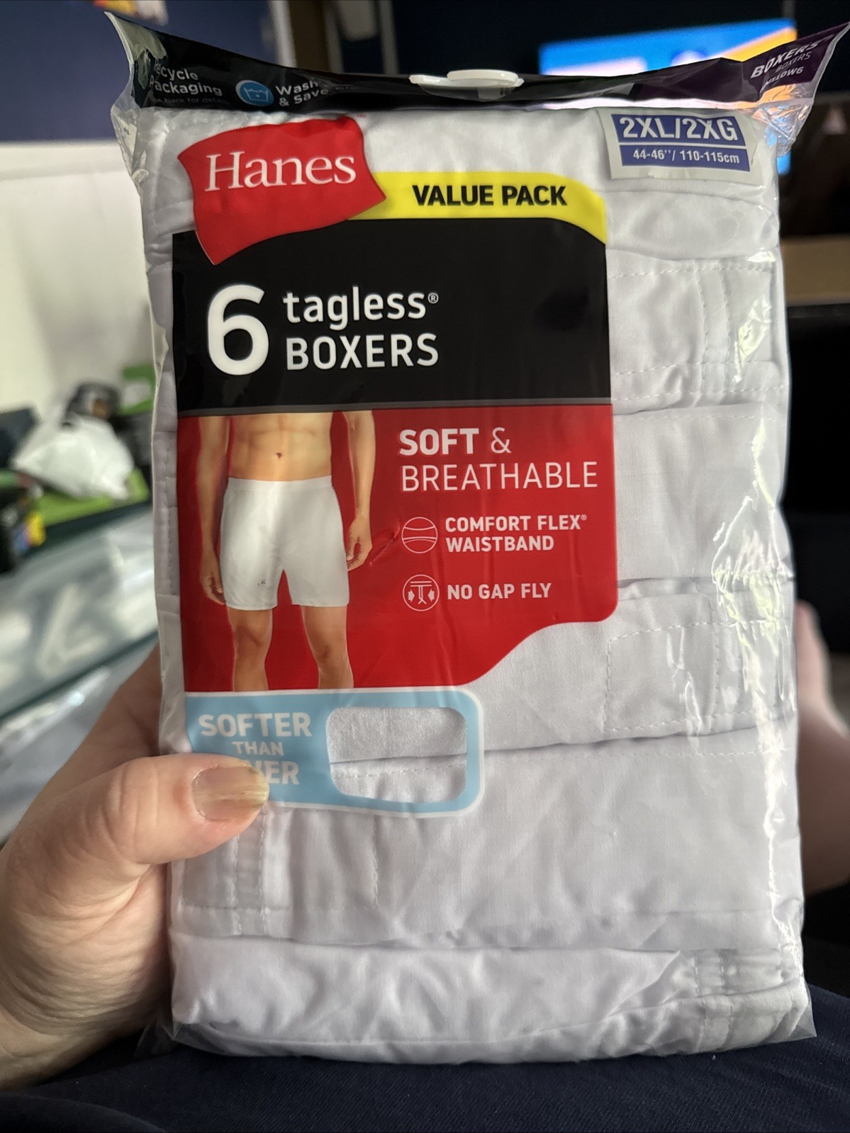 6 Pack Hanes Men’s Tagless Breathable White Woven Boxer Underwear Size 2XL Soft