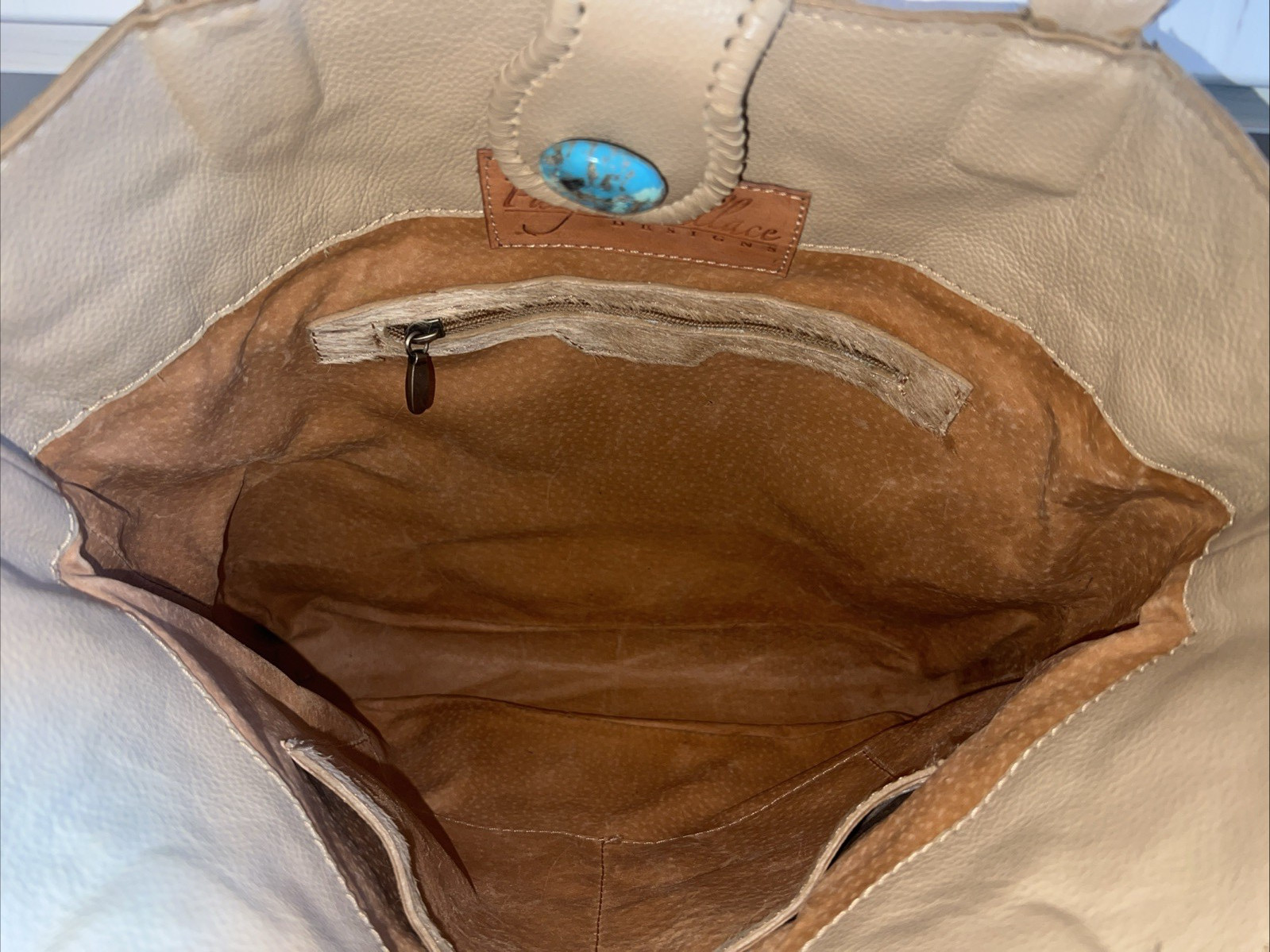 Paige Wallace Designs Acid Washed Cowhide Cafe Tote w/Turquoise Stone NWOT