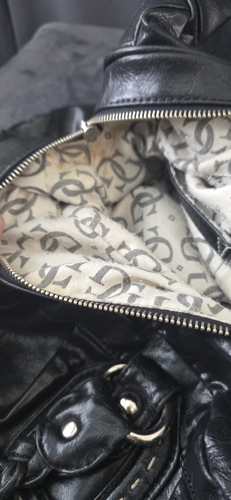 GUESS Black Logo Satchel Top Handle Bag Studded Silver Hardware Zip Closure