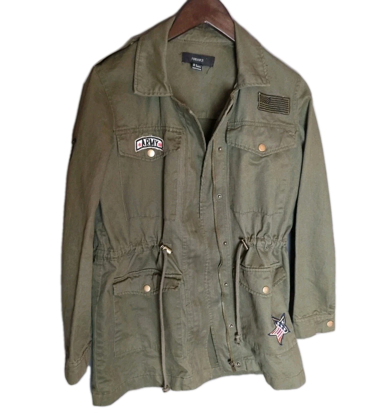 Forever 21 Women’s Army Green Zip Jacket Small Cotton Mid-Length Utility Style