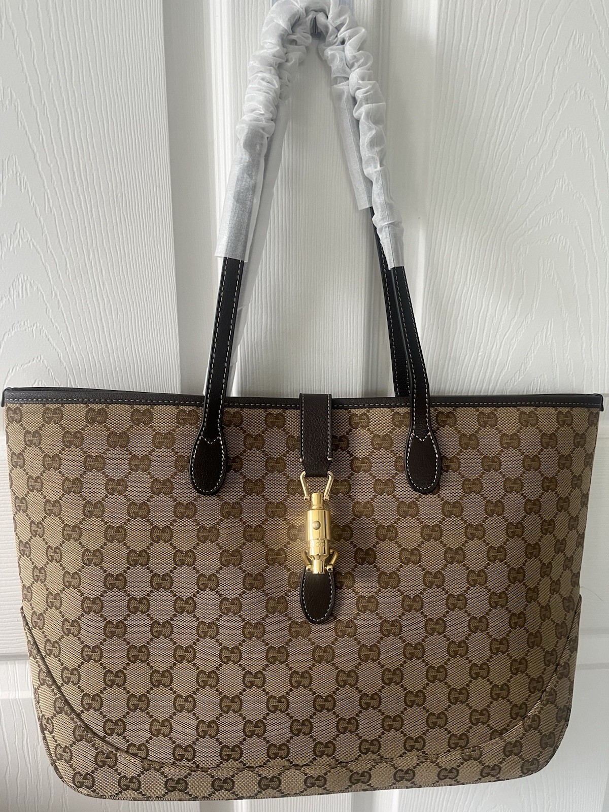 Gucci GG Supreme Monogram Tote Large Beige Brown Turn Lock Gold Detachable Strap