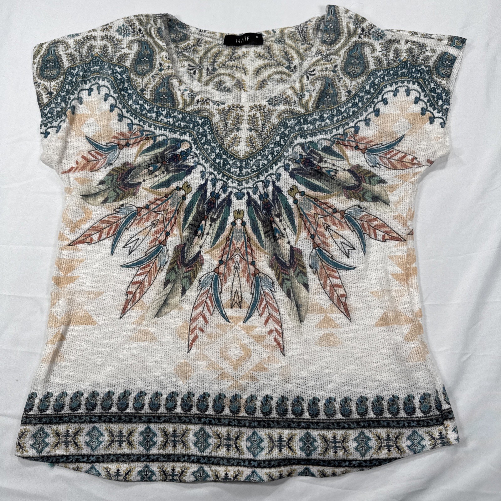 Naïf Native Style Lightweight Knit Shirt With Feather Design Scoop Neck Size M