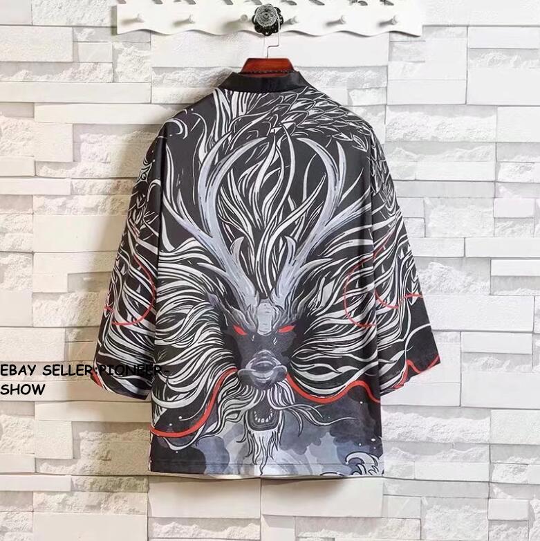 Retro Men Chinese Japanese Oriental Kimono Dragon Top Casual Shirt Hanfu Hip hop