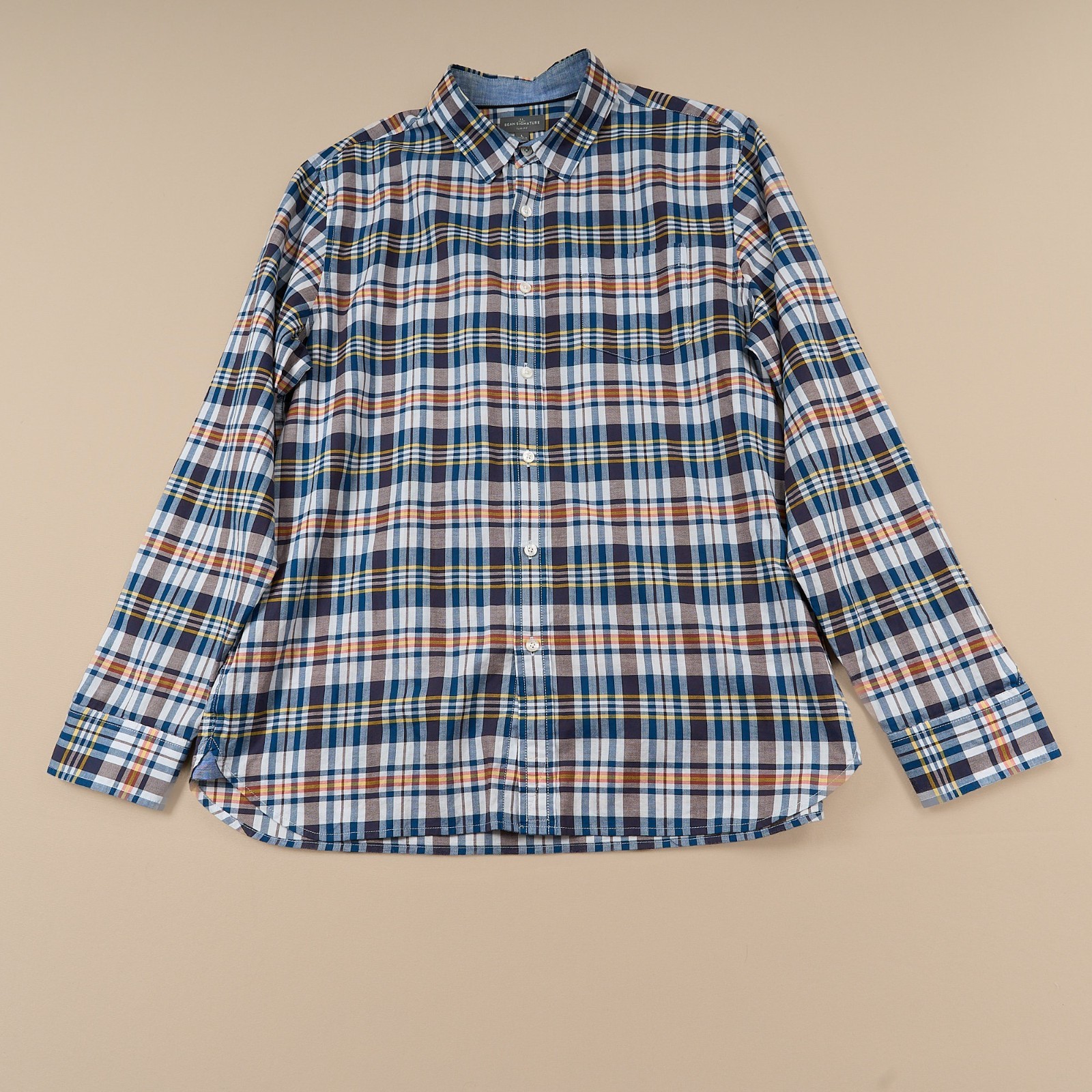 LL Bean Signature Button Up Shirt Mens L Cotton Navy Plaid Button Up Slim Fit