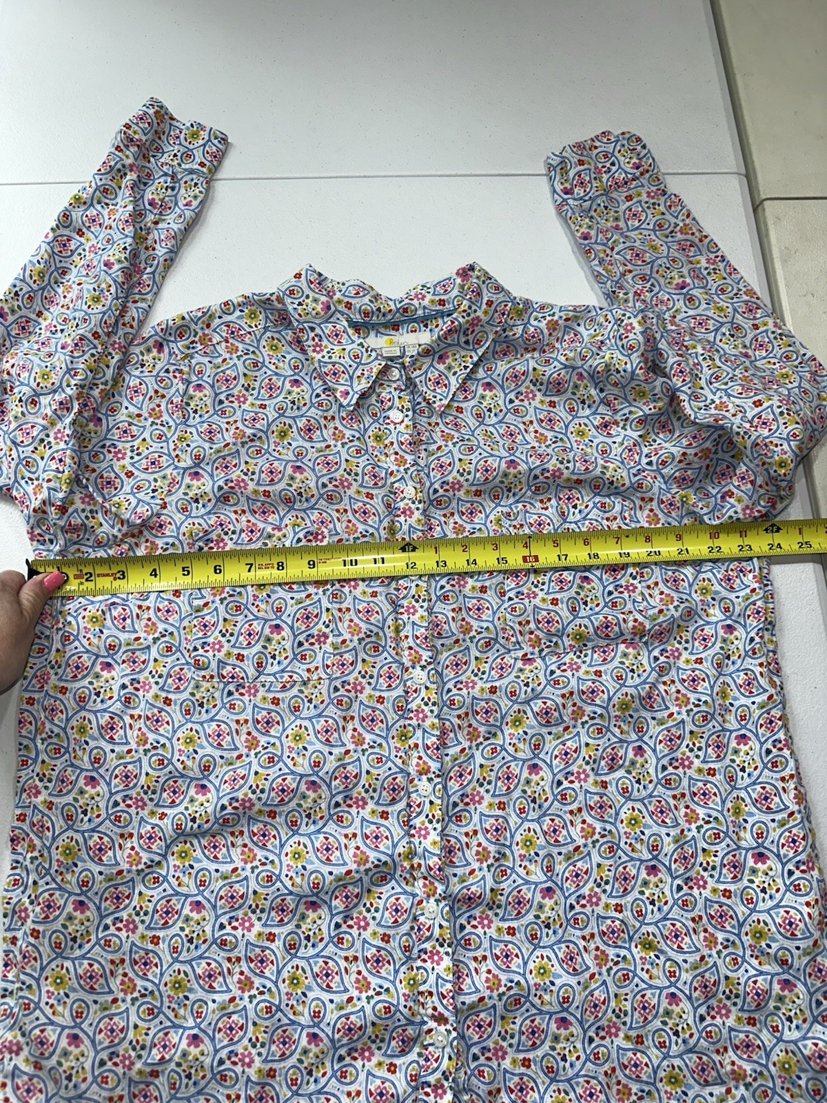 Boden Shirt Size US 14R Linen Floral Blouse Button Up Long Sleeve Beach Resort