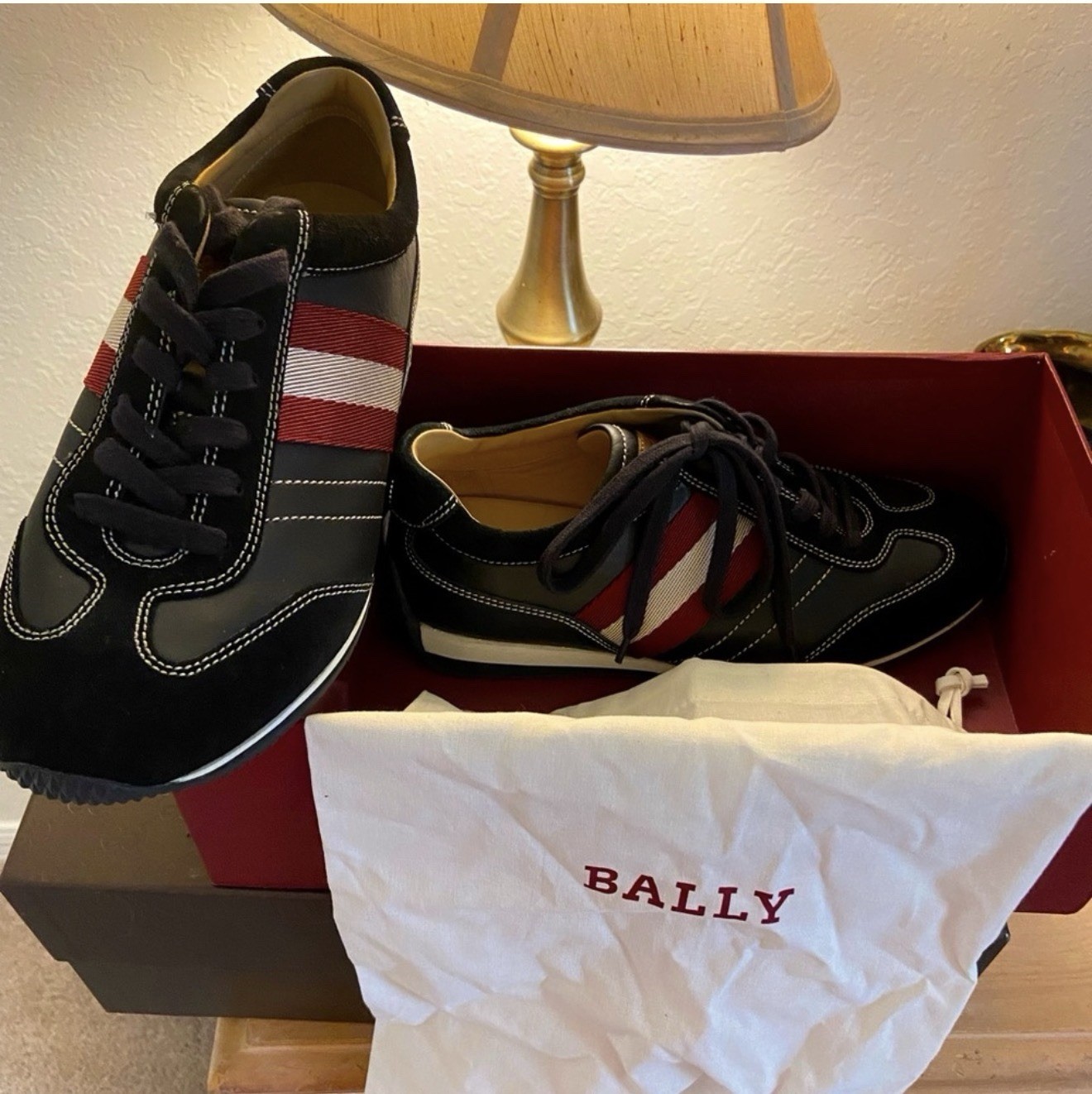 Women’s Bally Low Top Lace-Up leather/Suede Sneakers – Black Red White Striped