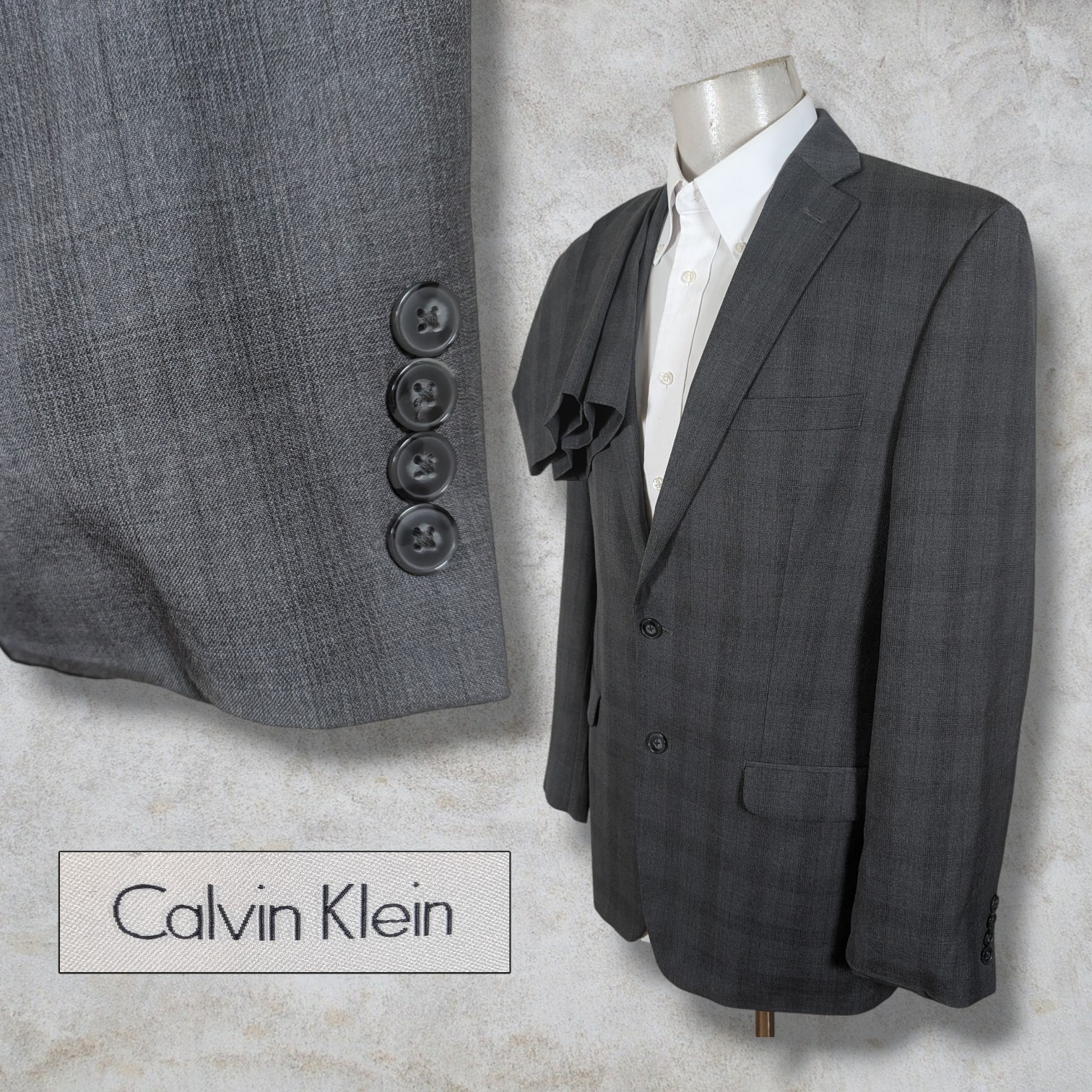Calvin Klein 2 Piece Suit Mens 40L Pants 32×33 Gray Plaid Wool
