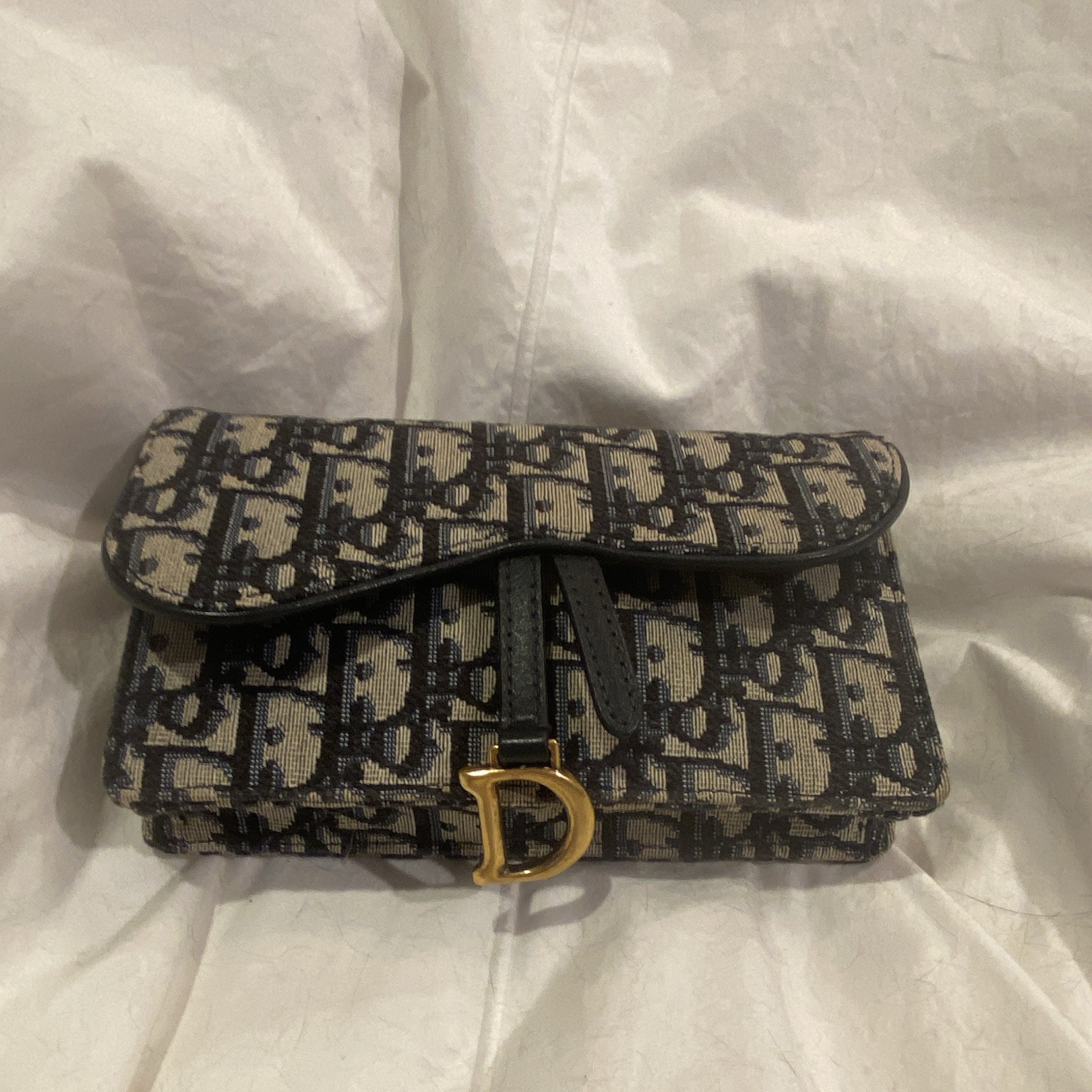 Dior Monogram Bum Bag with Dior D Buckle Beige Navy – includes strap.