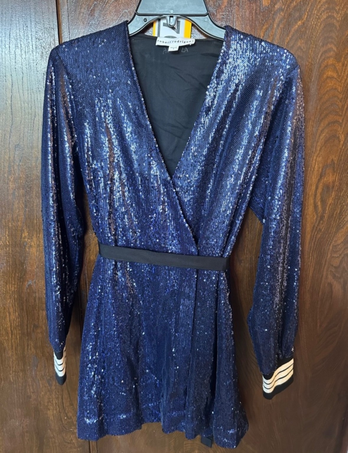 Robert Rodriguez Navy Sequin Wrap Dress Long Sleeve V- Neck Size Small
