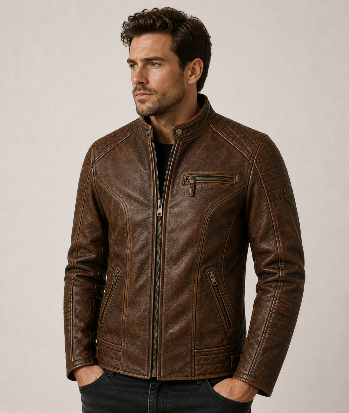 Men’s Brown Cafe Racer Leather Jacket – Vintage Biker Motorcycle Zip Coat Casual
