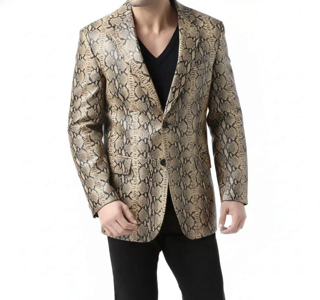 New Men’s Blazer Exotic Snake Print Brown Embossed Designer Leather Coat Blazer