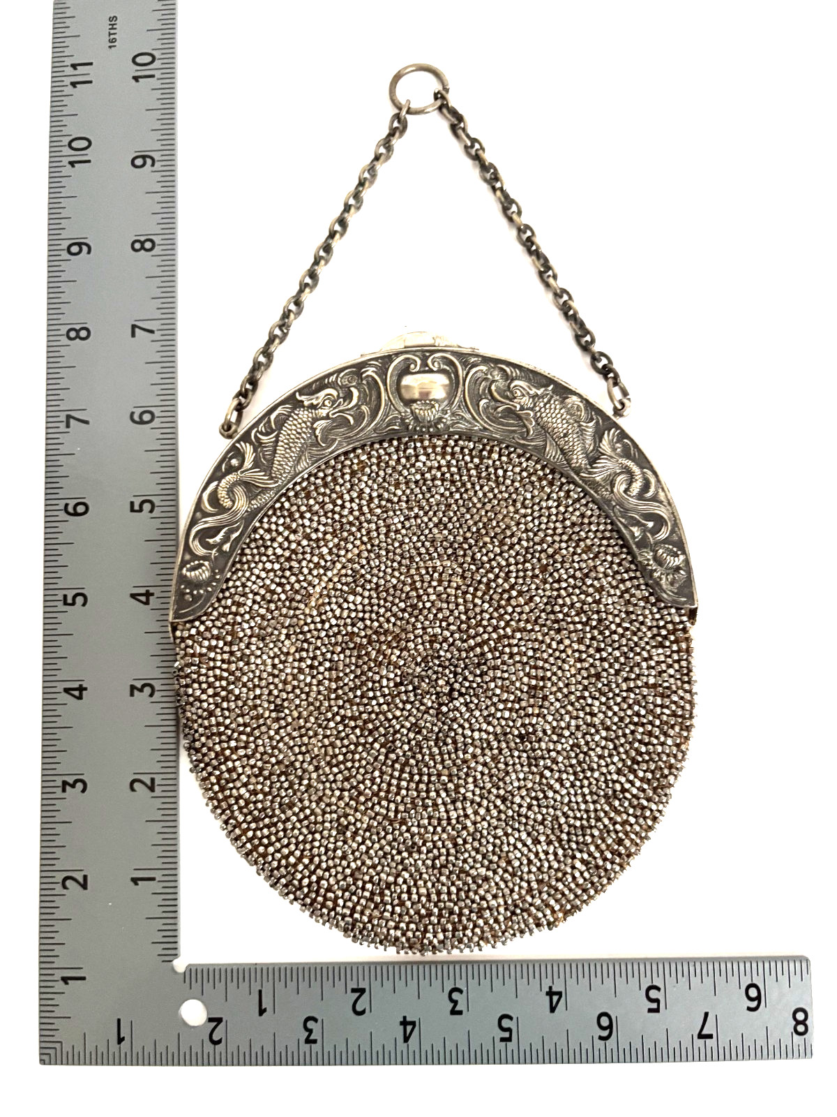 Antique Chatelaine Round Suede & Steel Cut Beaded Purse w/Mythical Fish on Frame