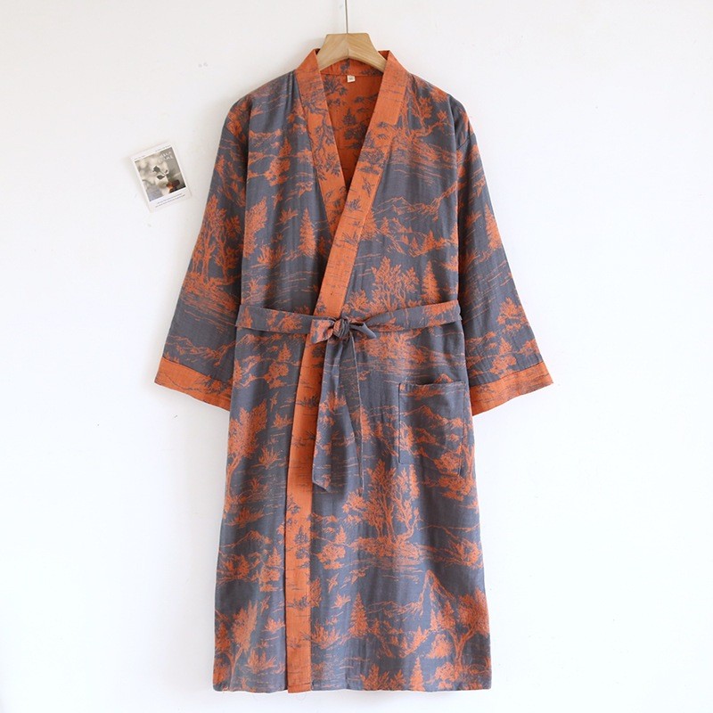 Men’s Printed Cotton Loose Sweat Steaming Robes Thin Summer Ethnic Retro Chic