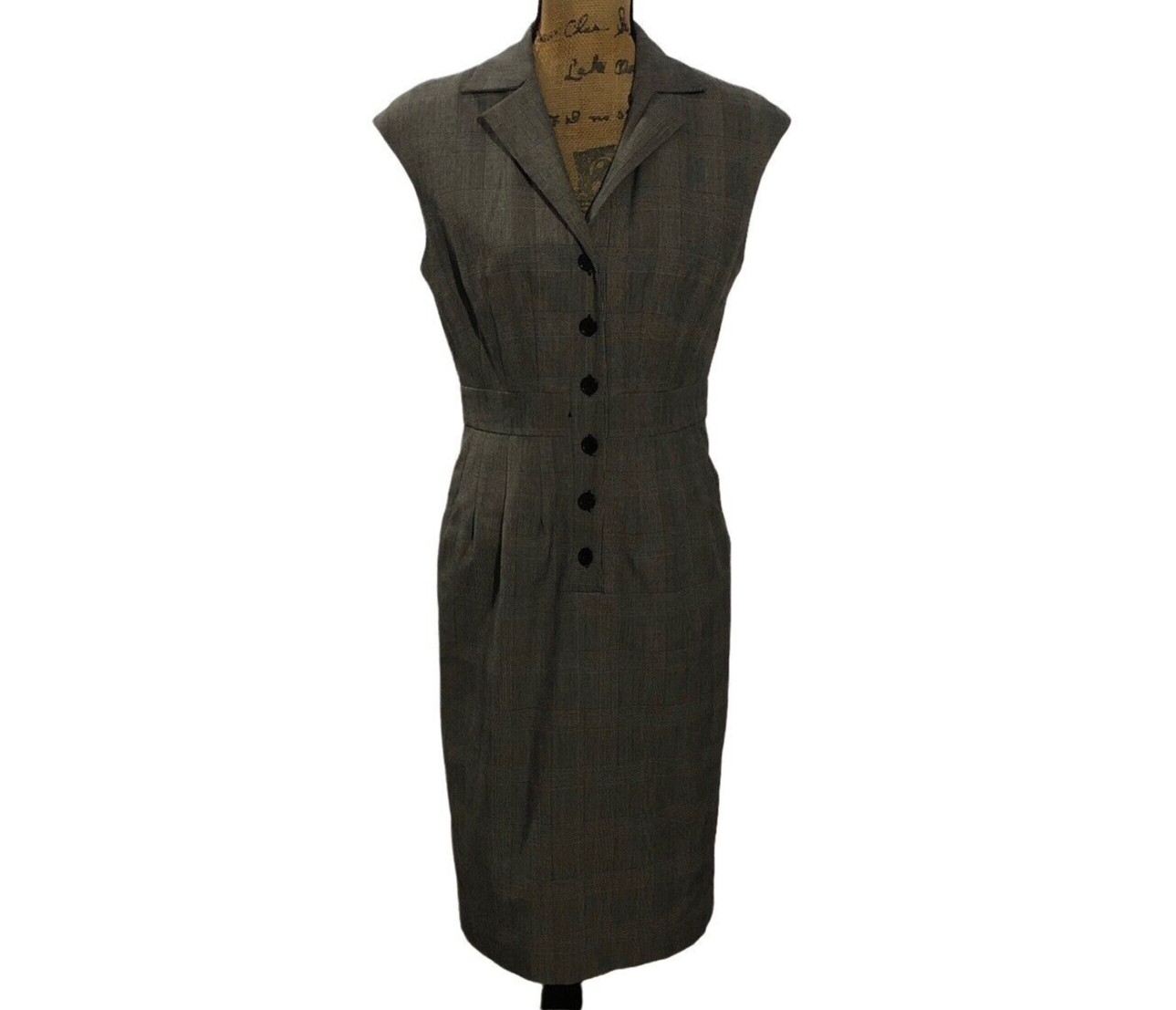 Jessica Howard Dress 6 Gray Black White Plaid Button Front Sleeveless Kick Slit