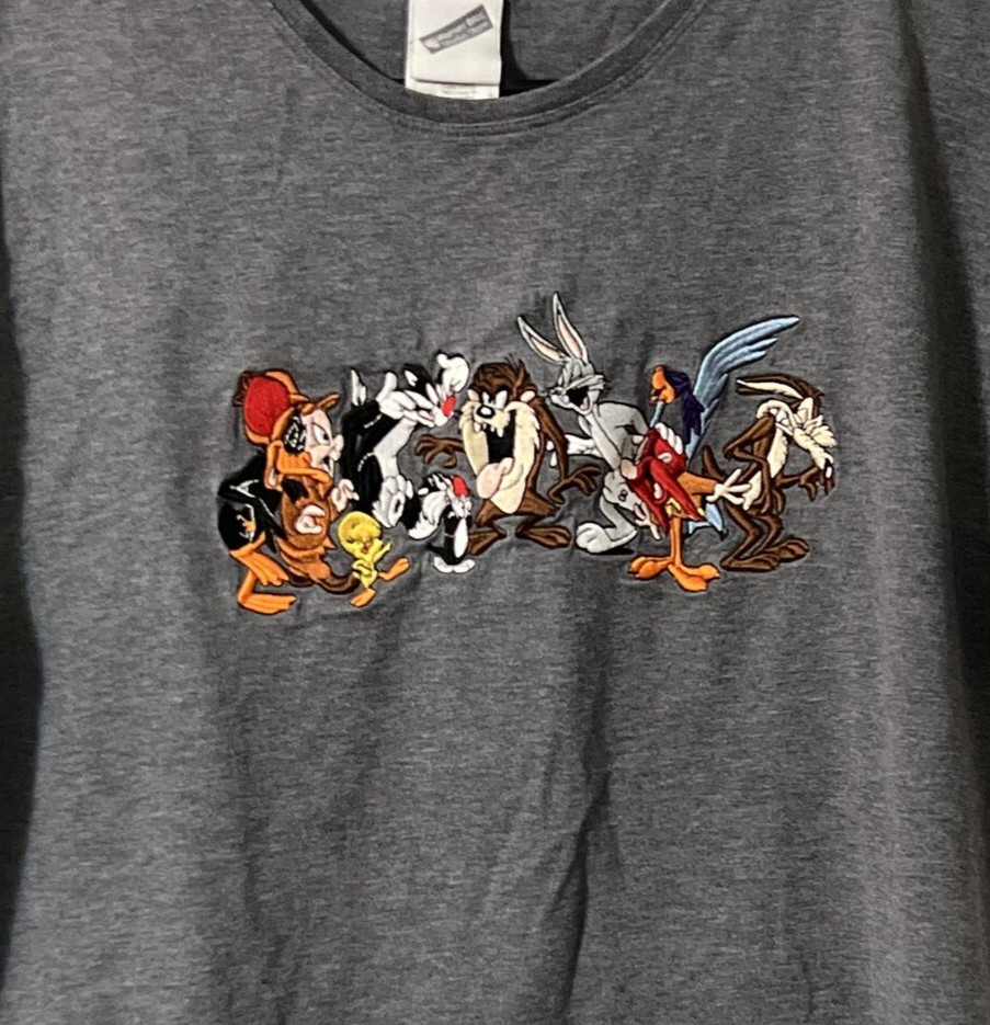 1999 Warner Bros Looney Tunes Gray Embroidered Tee Tshirt Size Large