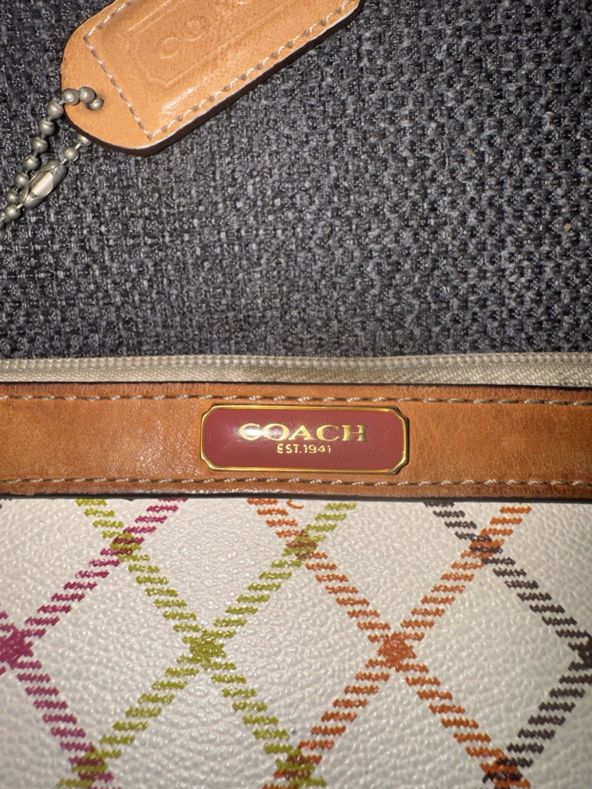 Coach Tattersall Plaid Print Coated Canvas Wristlet with Leather Trim