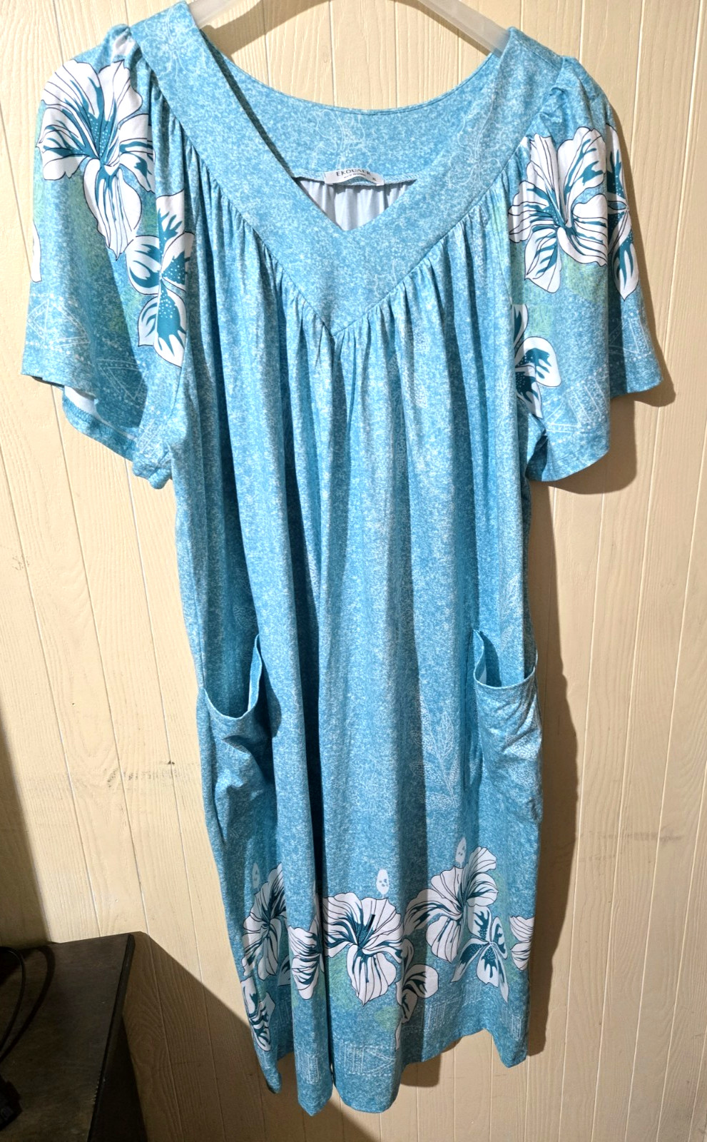 Ekouaer Floral Nightgown House Muu Sz XL Aqua Short Sleeve Pockets Cottage Core