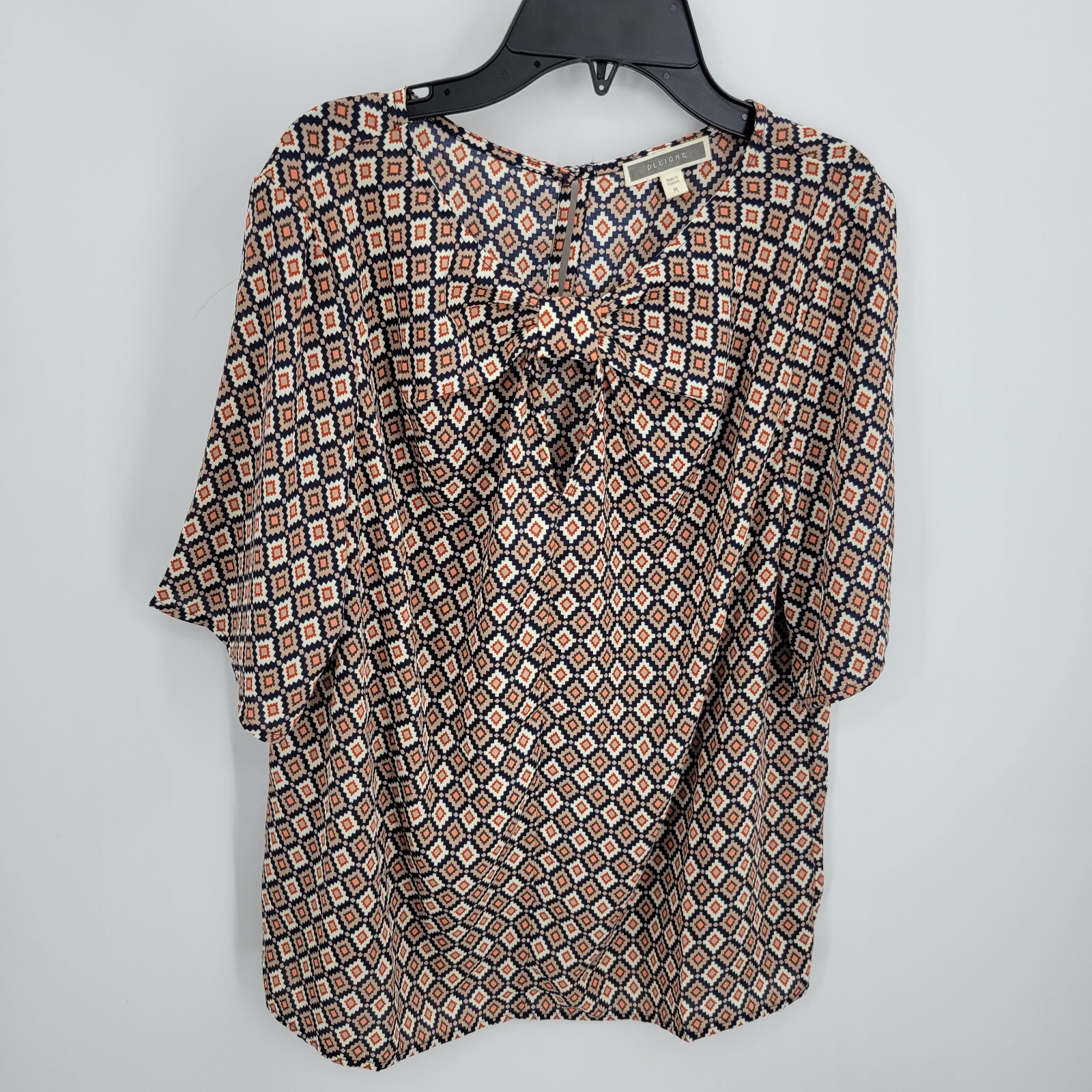 Pleione Anthropologie Top Womens Medium Aztec Print Bow Neck Short Sleeve Boho