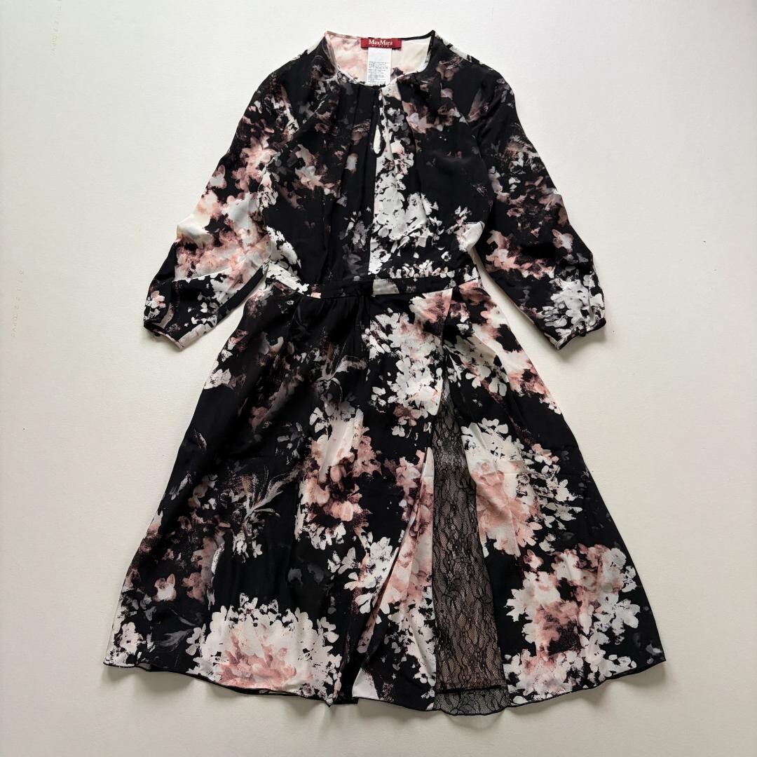 Max Mara Studio Silk Floral Lace Midi Dress Black 36 3 4 Sleeve Auth