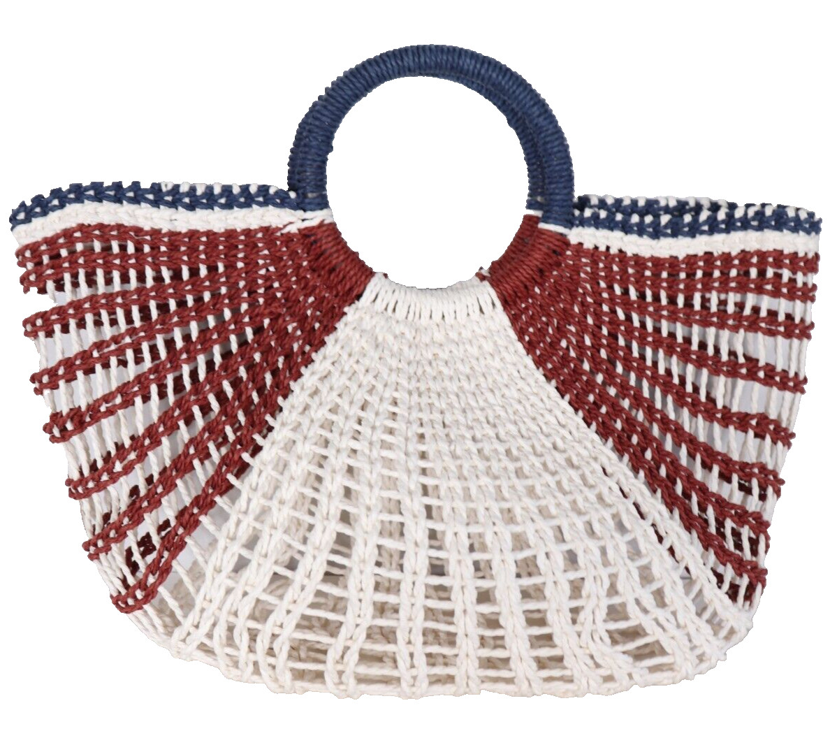 Handmade Unisex Women Blue White Brown Woven Purse Round Handles Sheer Net Bag