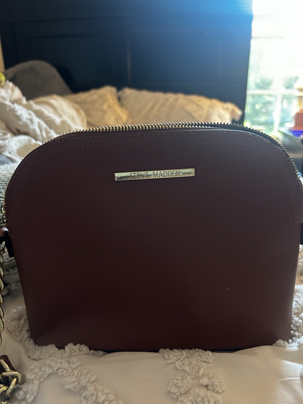 Steve Madden Brown Dome Crossbody Bag Zip Closure Gold Hardware