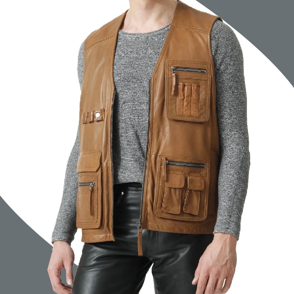 Men’s Tan Brown Leather Motorcycle Vest Cognac Motorbike Waistcoat Gilet Jacket