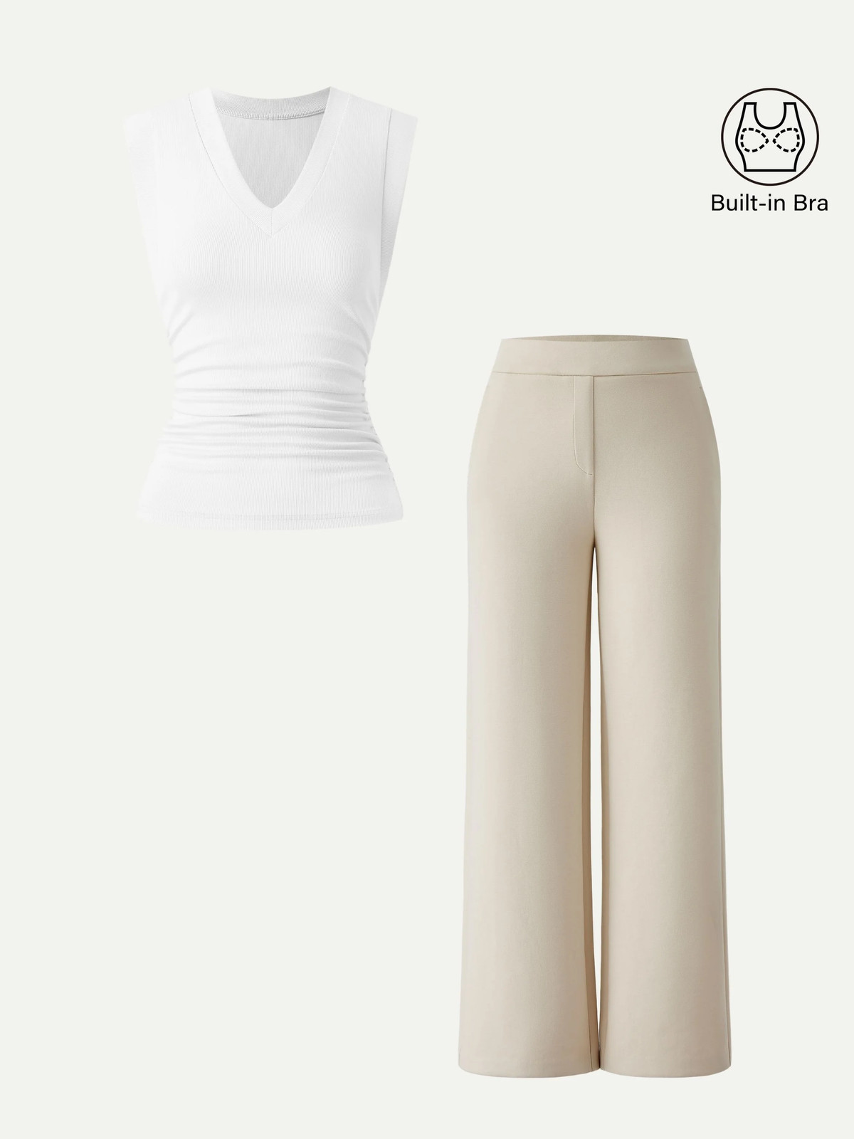 2Pcs Set V-neck Bra Top & Mid Rise Straight Pant with Pockets-OGLmove|118912