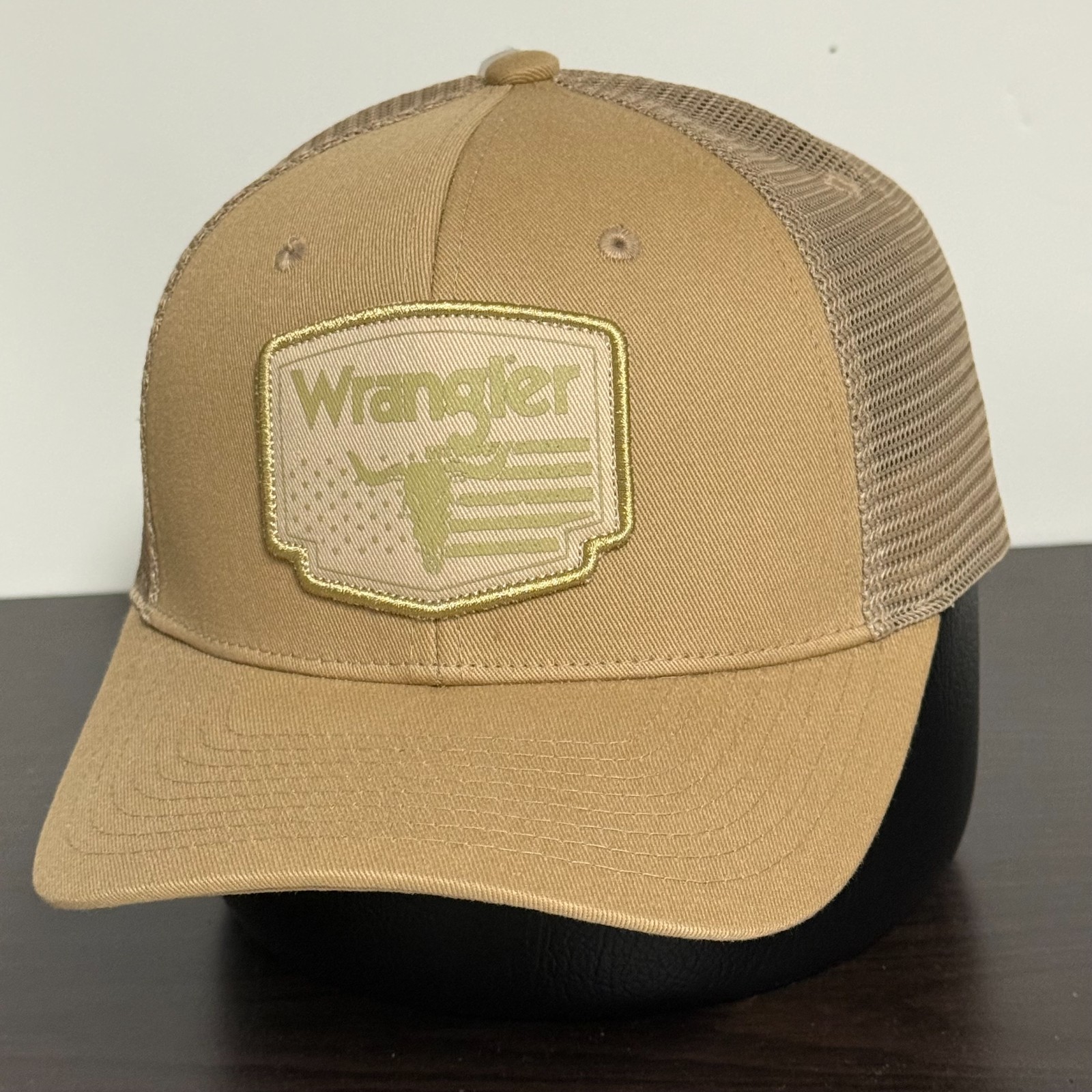 Wrangler Snapback Trucker Hat Beige Adjustable Cap Skull/Flag Logo Patch NEW!
