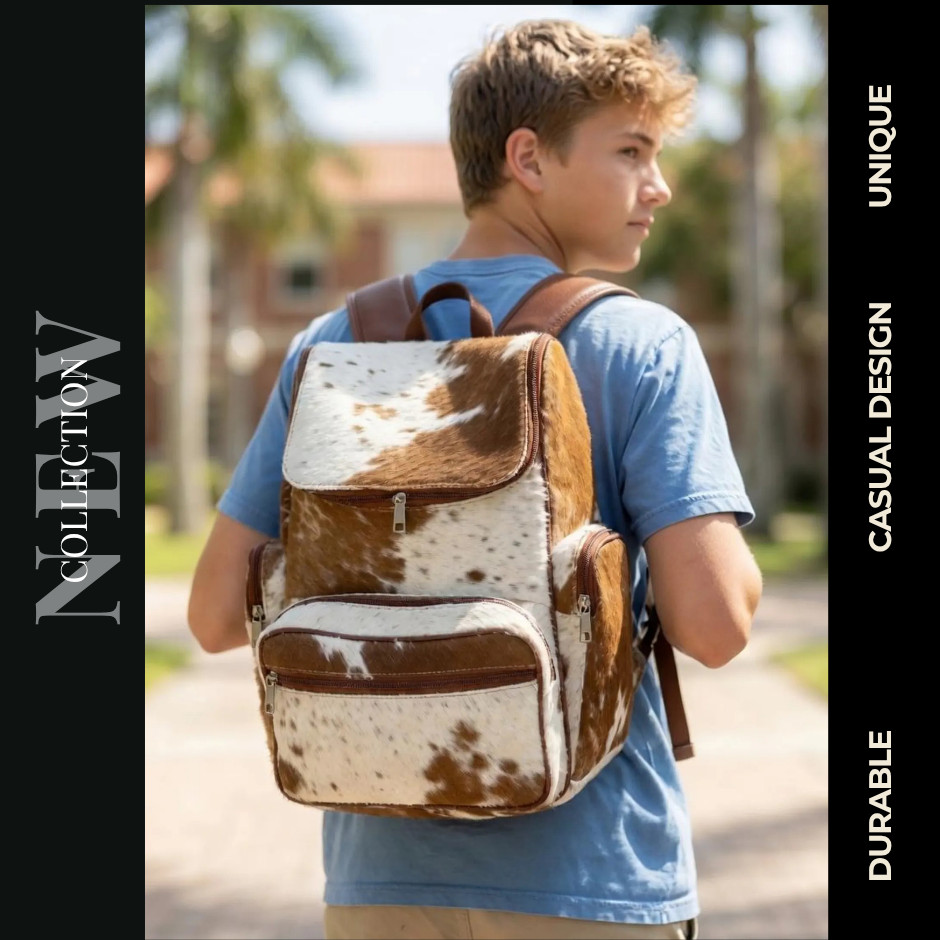 Hair-On Cowhide Leather Backpack Brown White Western Multi-Pocket Daypack Unisex