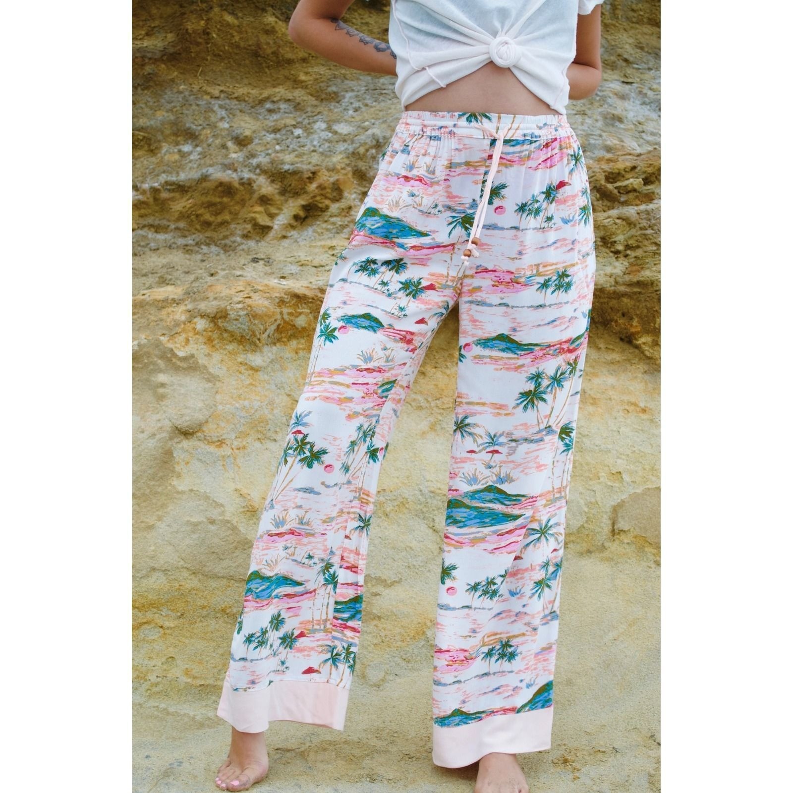 Intimately Free People Blue Lagoon Pants XS Pink Wide Leg Beachy Resort Tropical