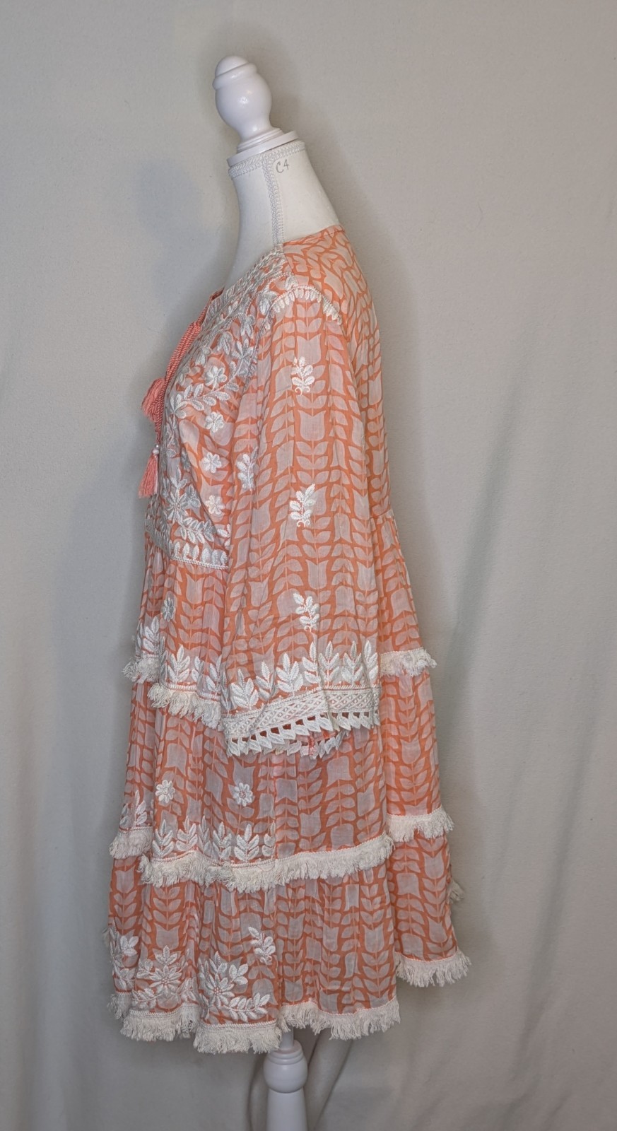 Bairaas Embroidered Boho Dress Size 42 Peach White Tassel Tiered Fringe EUC