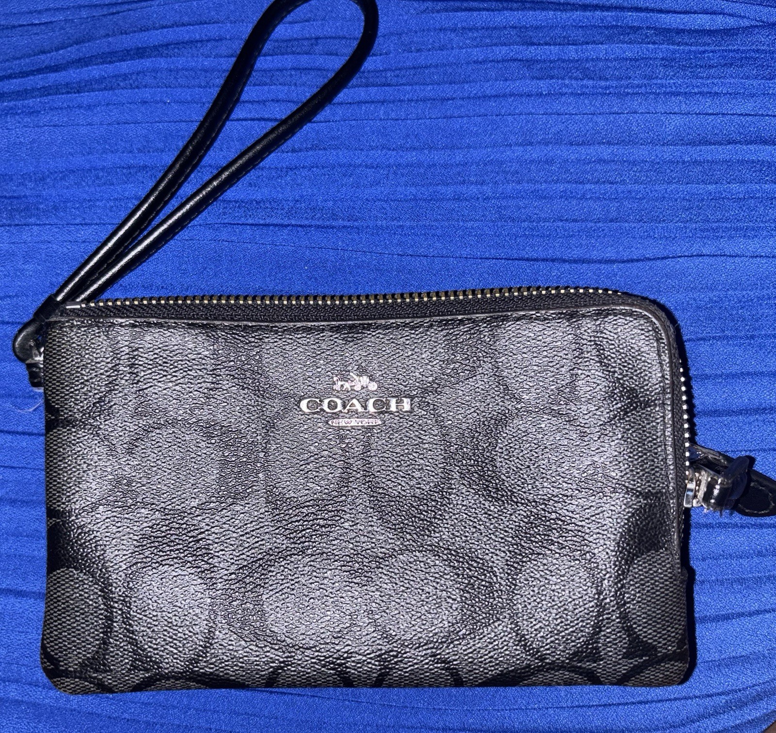 Coach Signature Double Zip Wristlet Pouch Black Gray Logo Silver Hardware