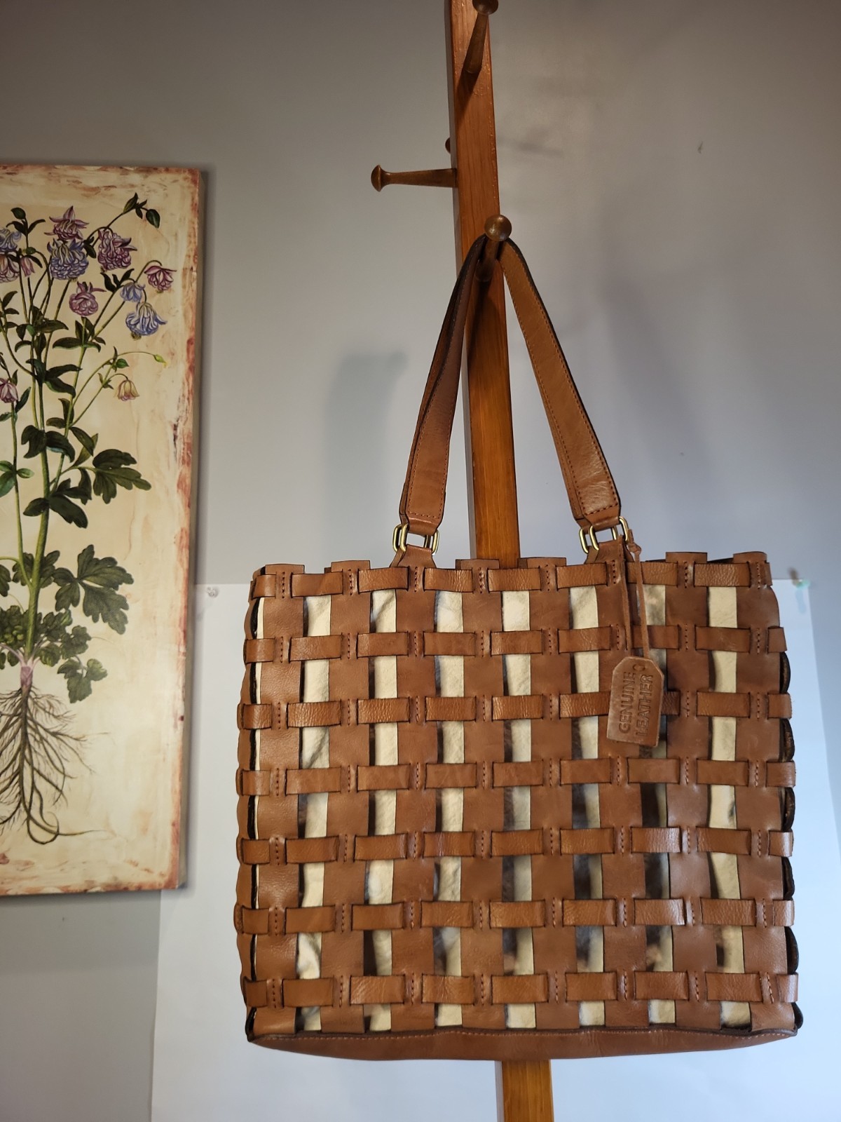 Vintage Genuine Woven Leather Lattice Like Pattern With Canvas Interior Shoulder