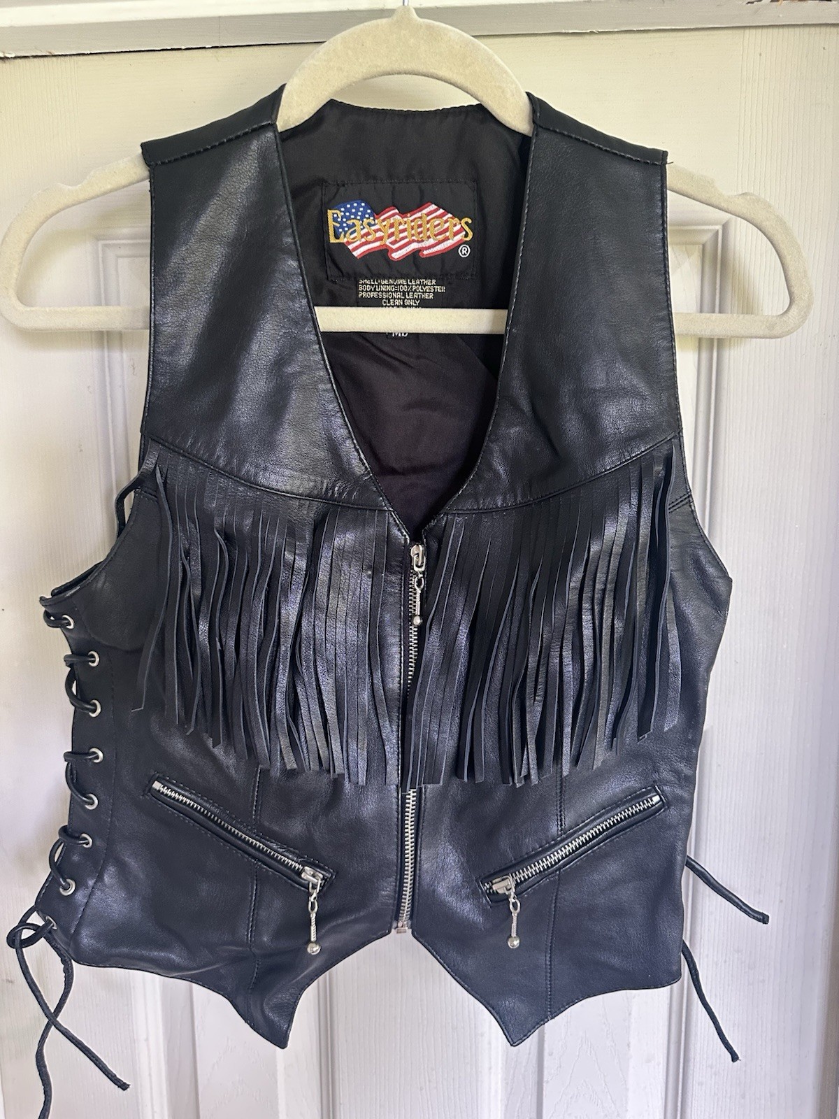 Vintage Easyriders Vest Womens Small Leather Fringe Lace Up Biker Motorcycle 90s