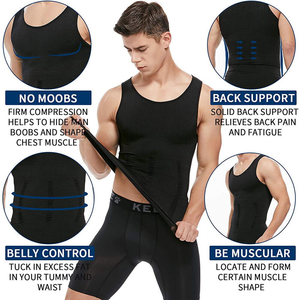 Mens Compression Vest Girdle T-Shirt Tank Top Slimming Body Shaper Belly Chest